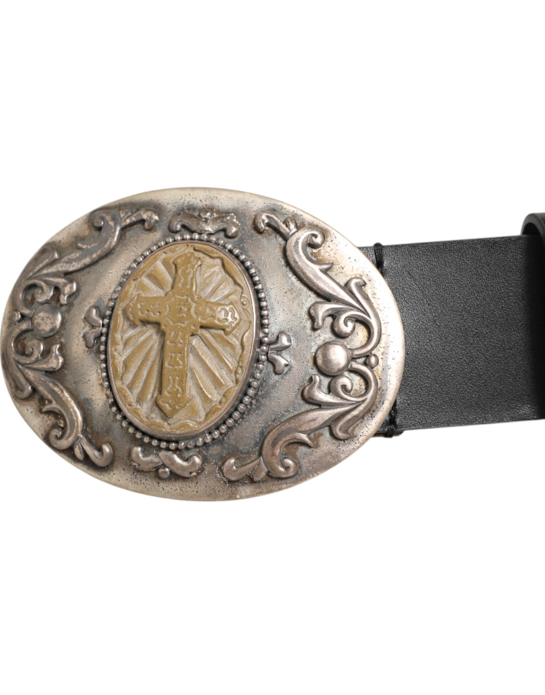 Dolce & Gabbana Black Leather Ornate Metal Buckle Men Belt | Regal Royce