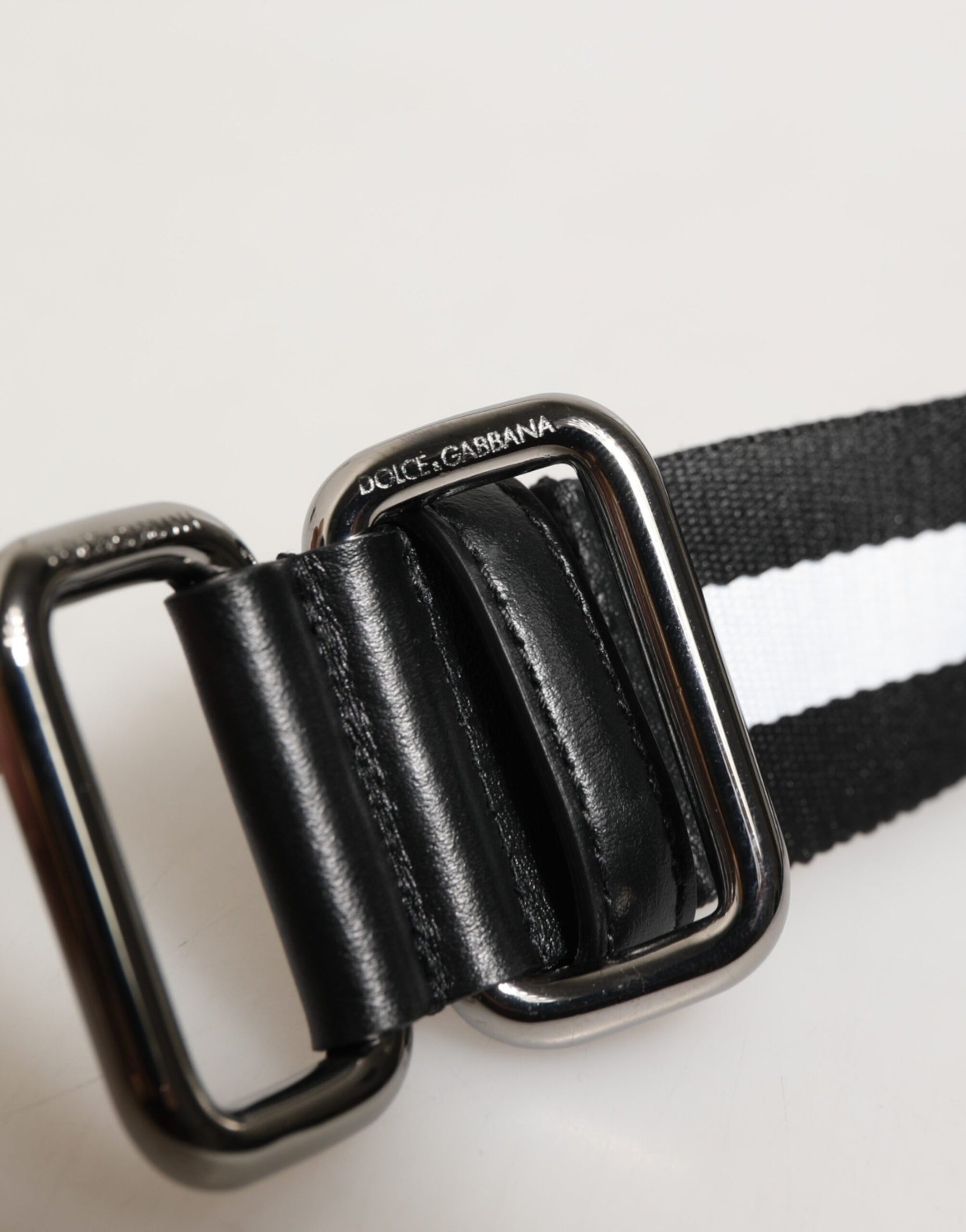 Dolce & Gabbana Black White Striped Logo Metal Buckle Belt | Regal Royce