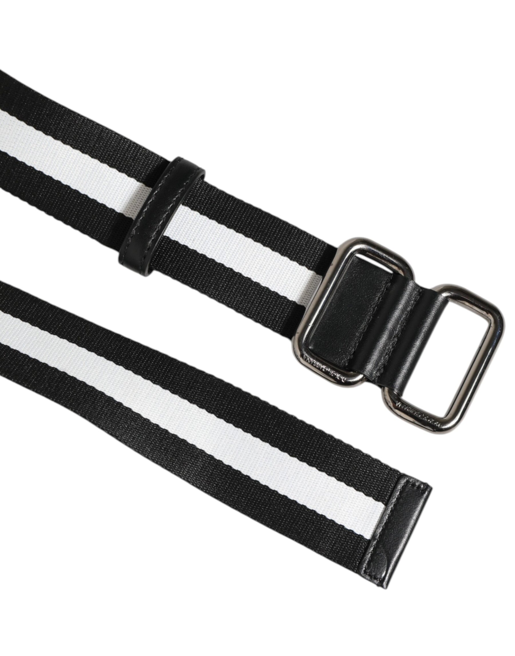 Dolce & Gabbana Black White Striped Logo Metal Buckle Belt | Regal Royce