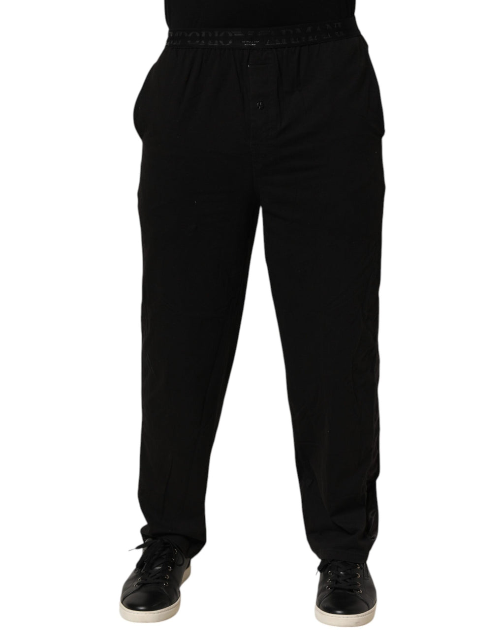 Emporio Armani Black Cotton Blend Logo Waistband Trouser Pants