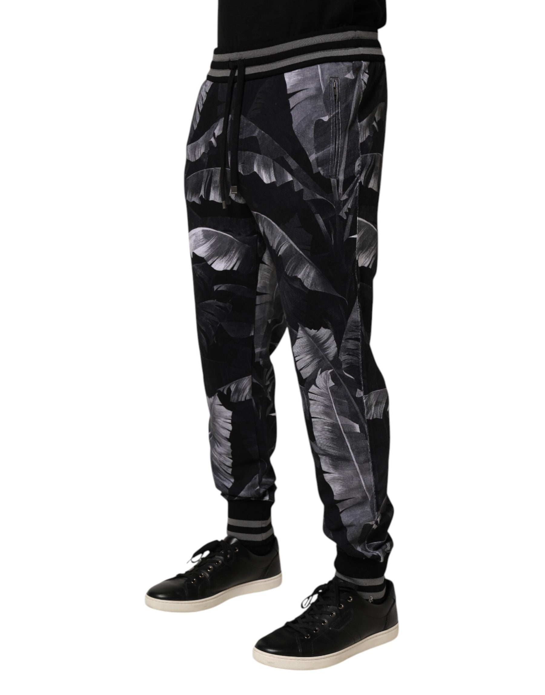 Dolce & Gabbana Black Banana Leaf Cotton Jogger Trouser Pants | Regal Royce