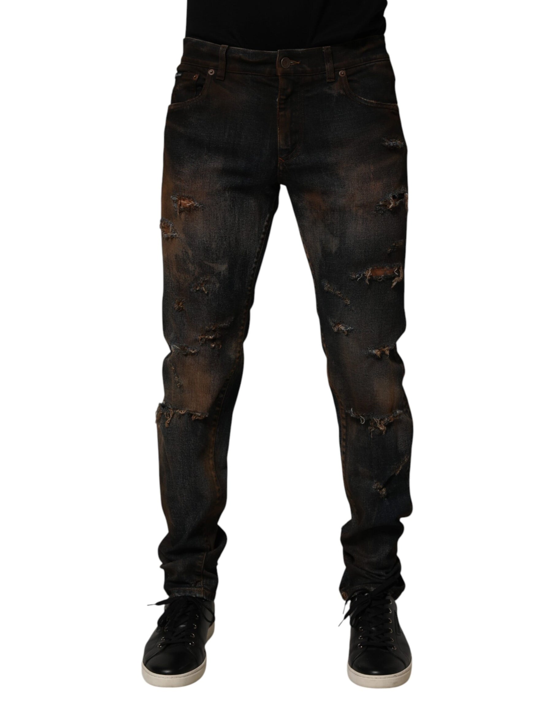Dolce & Gabbana Black Cotton Skinny Tattered Men Denim Jeans | Regal Royce