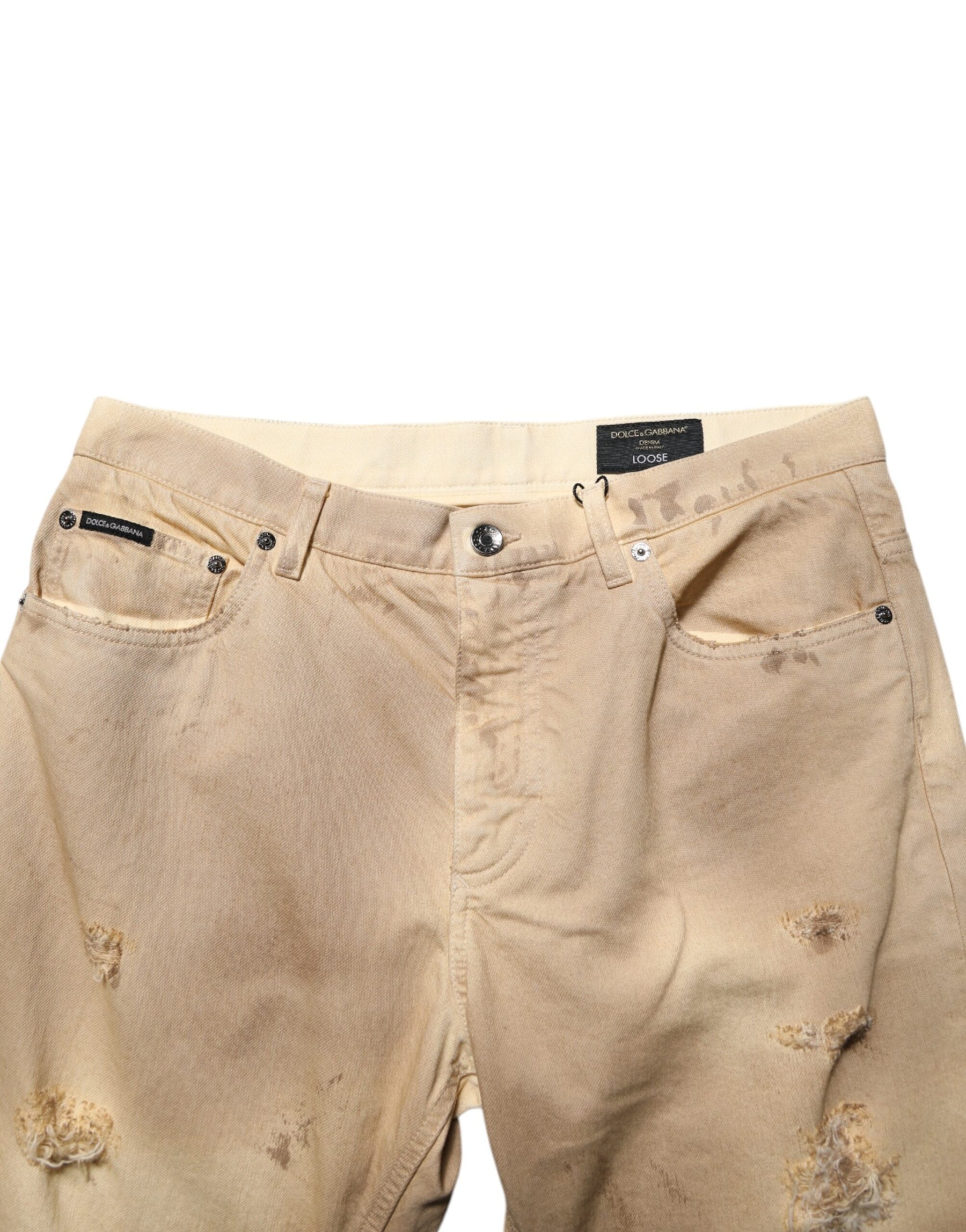 Dolce & Gabbana Beige Cotton Loose Tattered Men Denim Jeans | Regal Royce