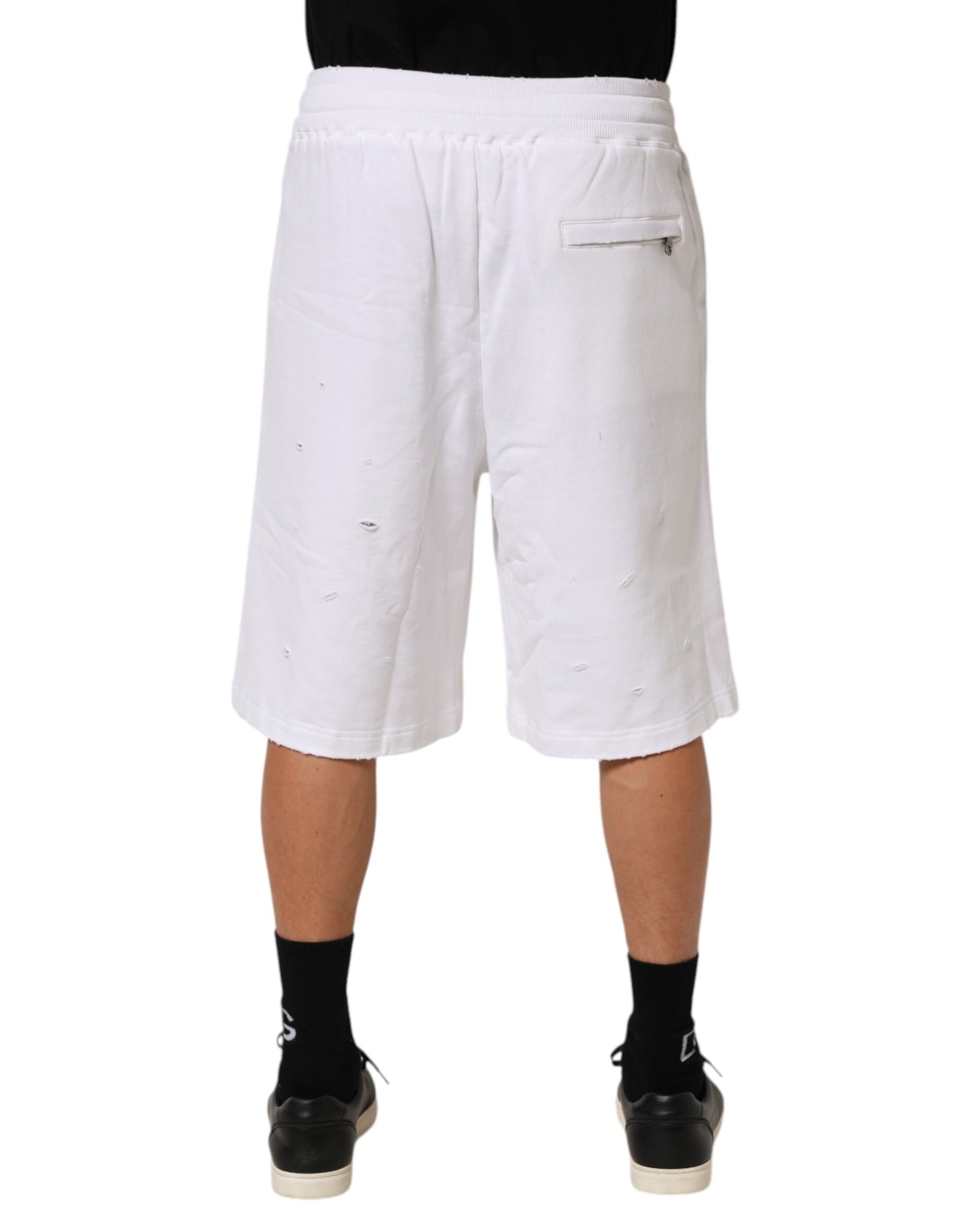Dolce & Gabbana White Cotton Ripped Bermuda Sweatpants Shorts | Regal Royce