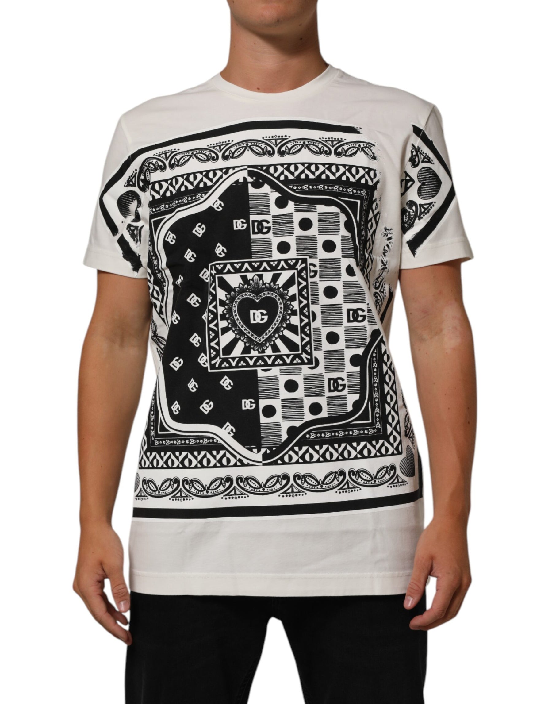 Dolce & Gabbana White Cotton Logo Bandana Print Men T-shirt | Regal Royce