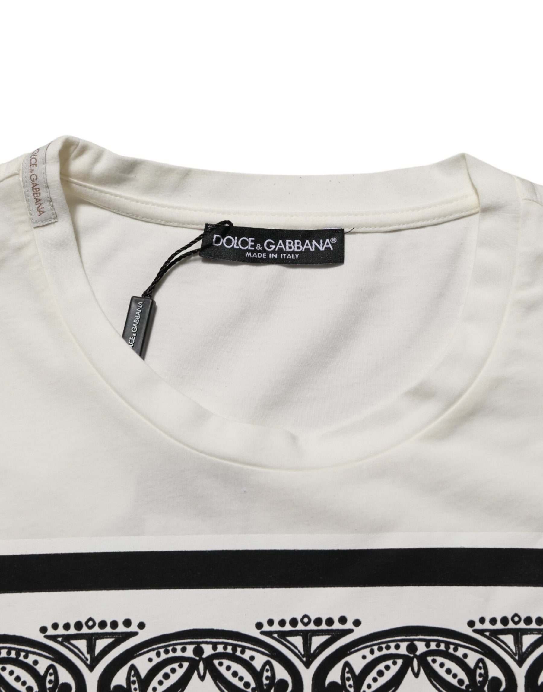 Dolce & Gabbana White Cotton Logo Bandana Print Men T-shirt | Regal Royce
