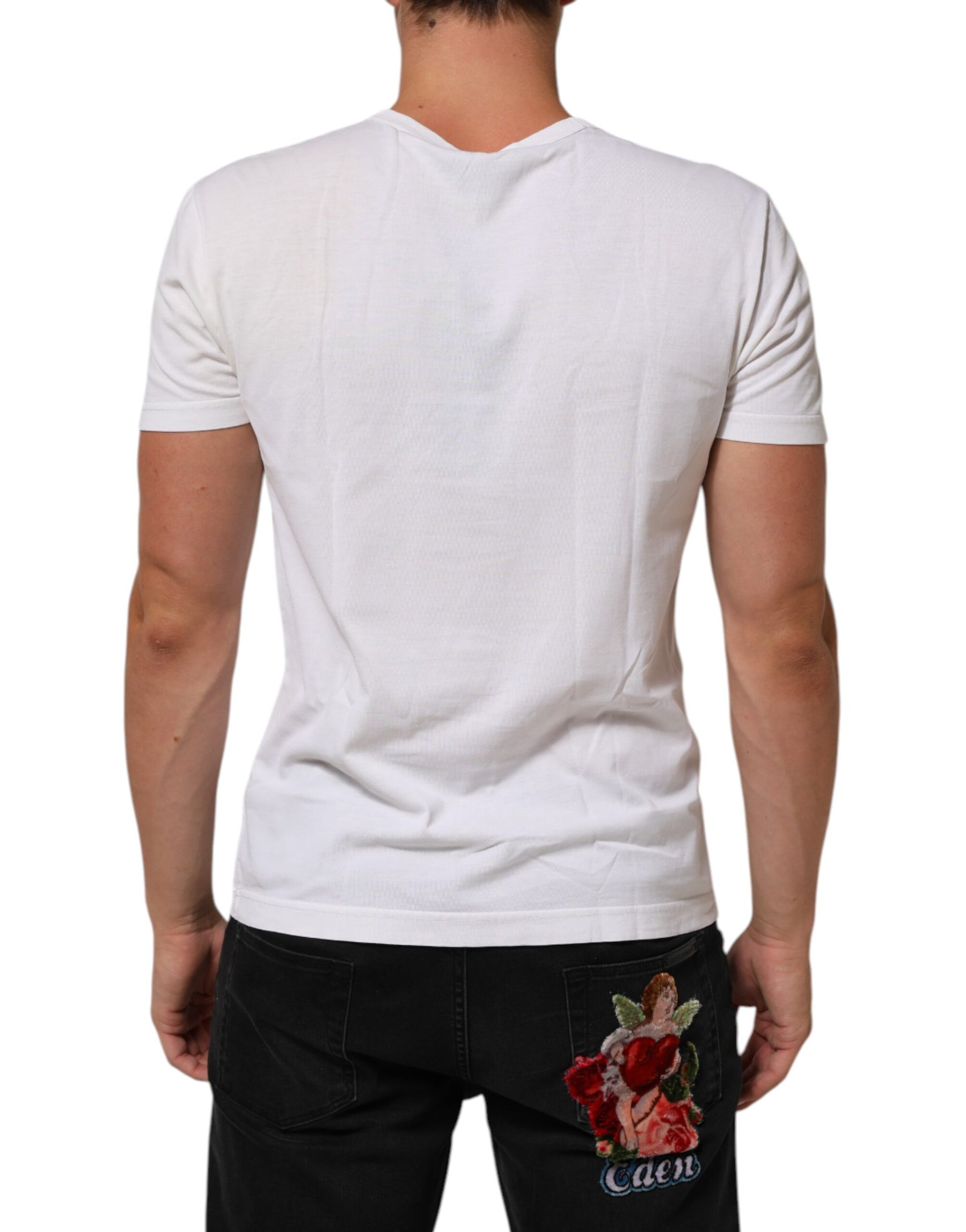 Dolce & Gabbana White Logo Print Cotton Crew Neck Men T-shirt | Regal Royce