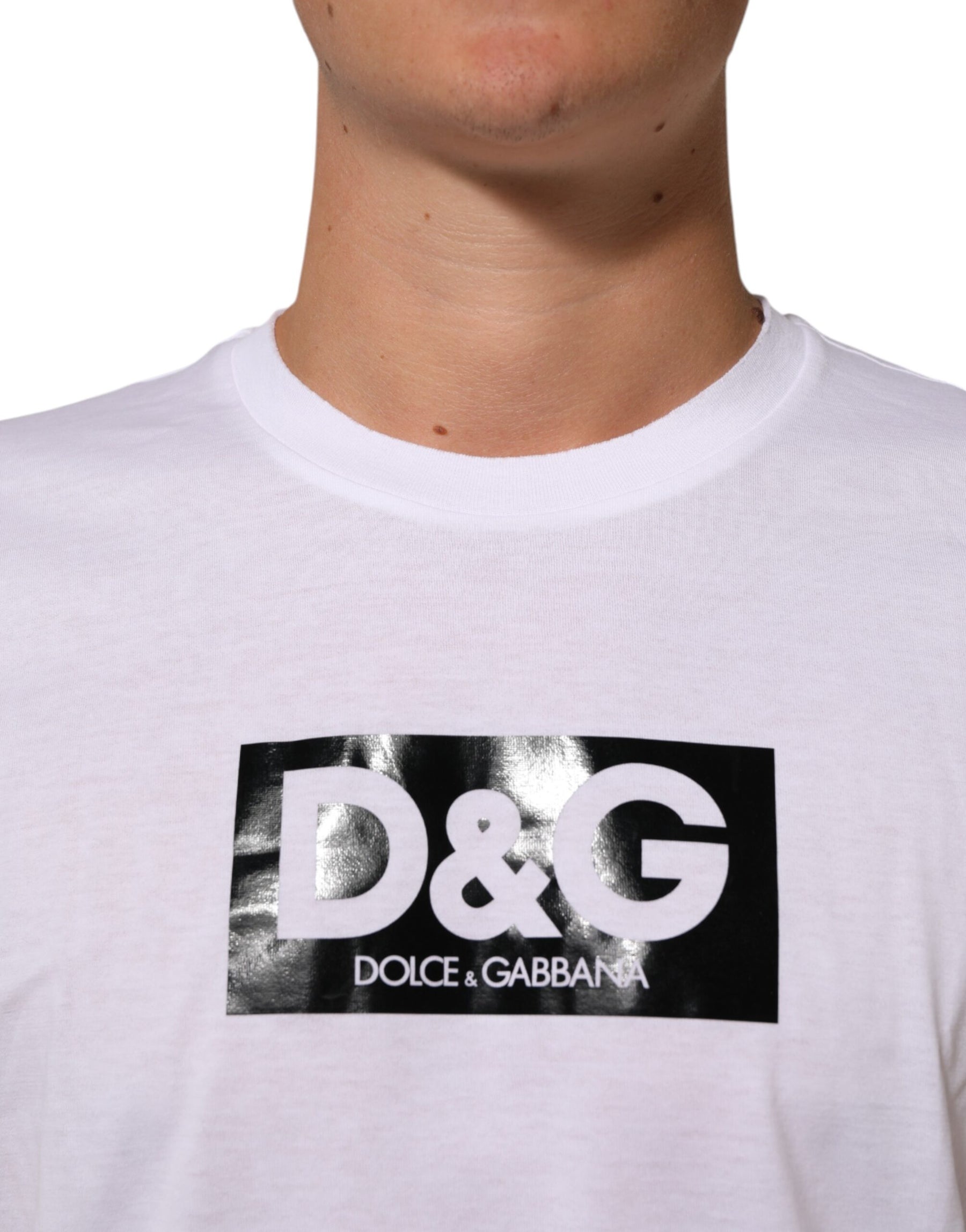 Dolce & Gabbana White Logo Print Cotton Crew Neck T-shirt | Regal Royce