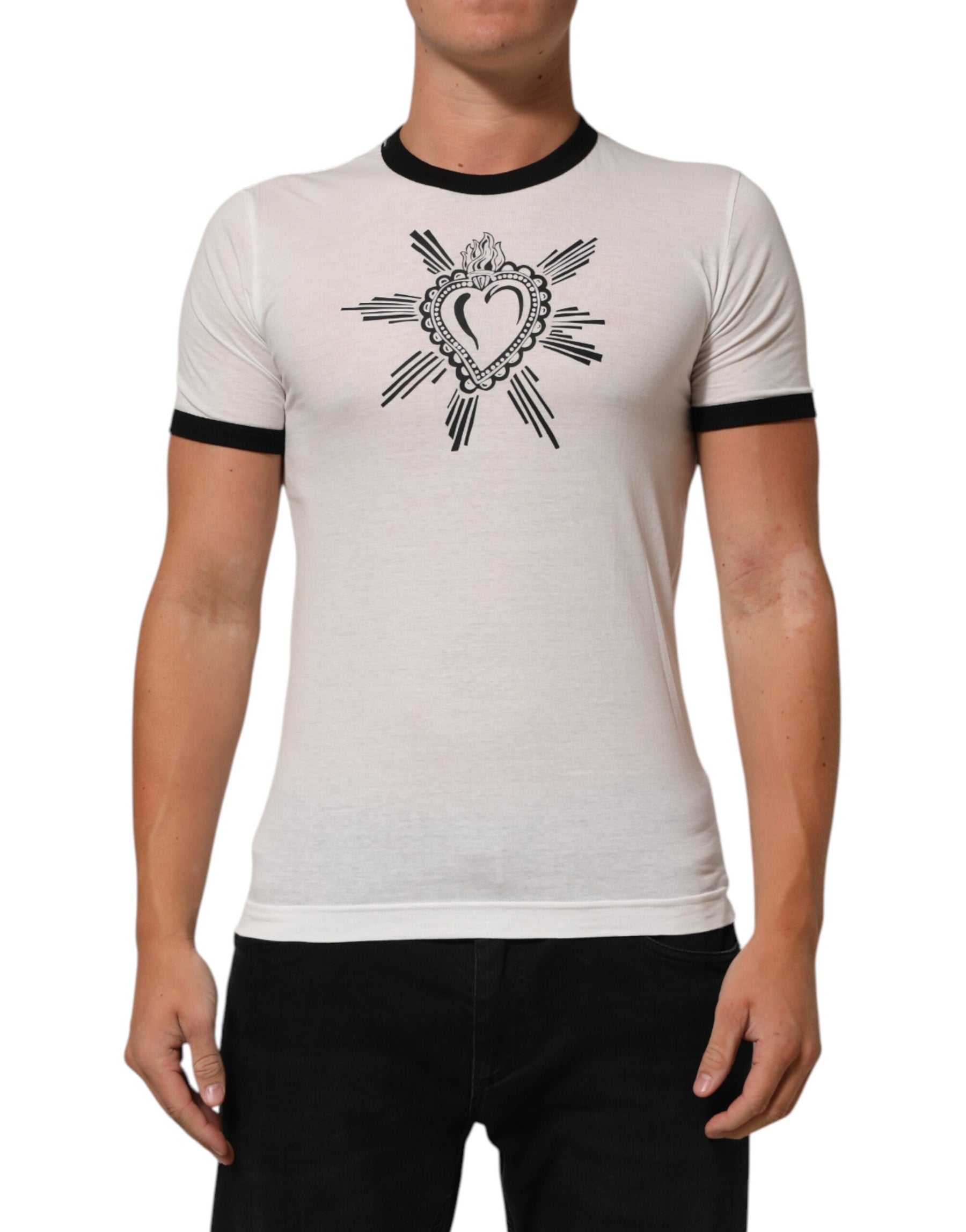Dolce & Gabbana White Sacred Heart Cotton Crew Neck T-shirt | Regal Royce