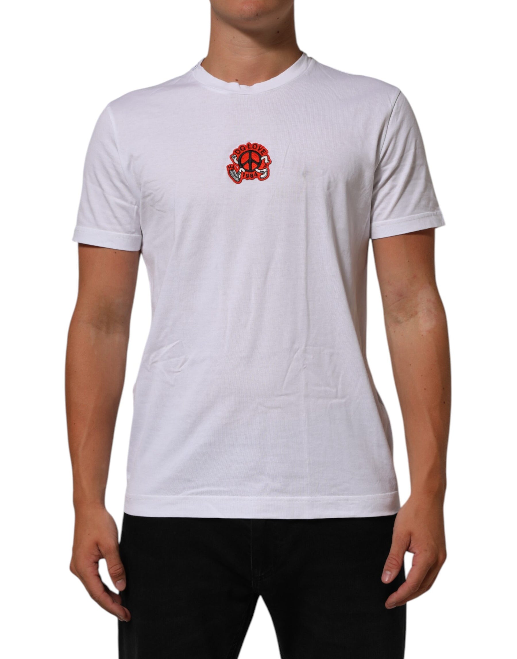 Dolce & Gabbana White Cotton DG Love Patch Crew Neck T-shirt | Regal Royce