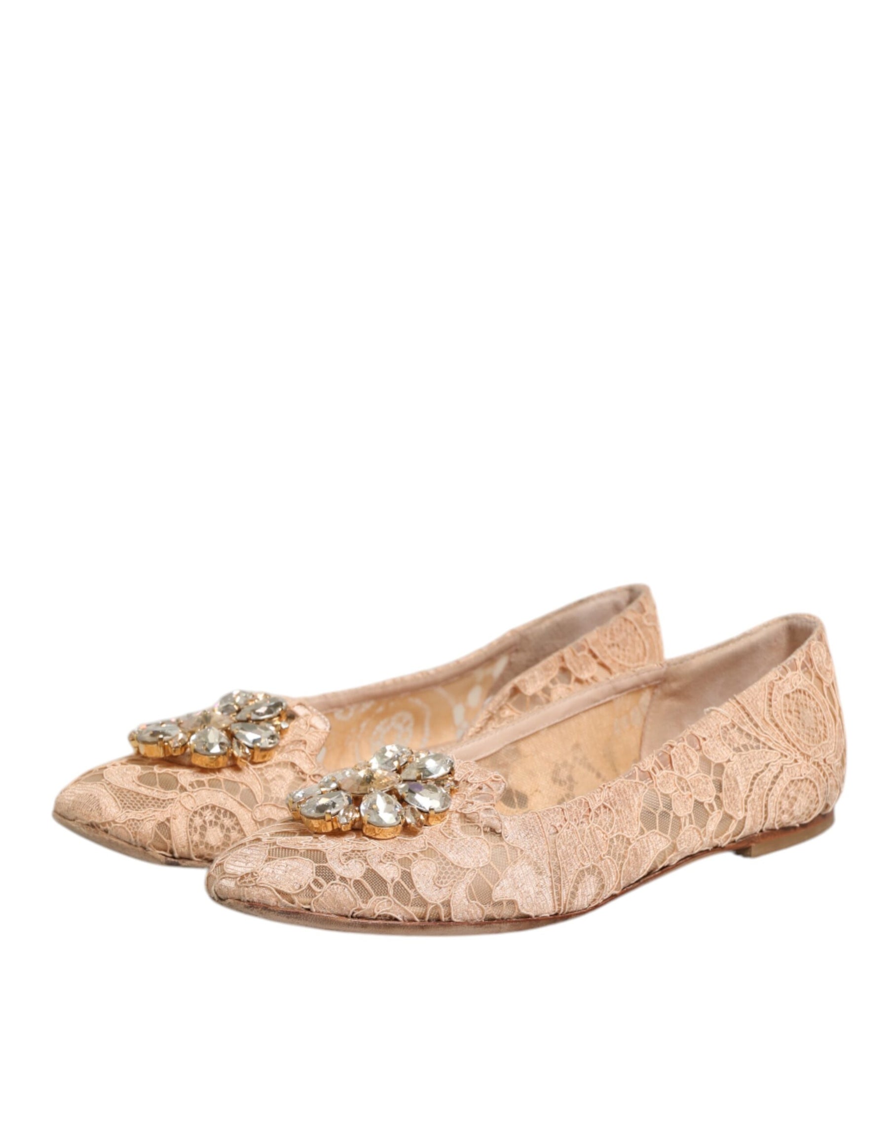 Dolce & Gabbana Beige Taormina Lace Crystals Flats Shoes | Regal Royce
