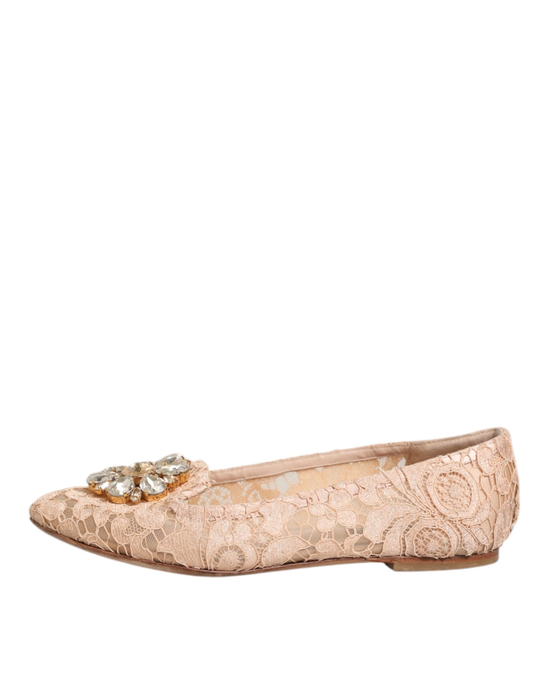 Dolce & Gabbana Beige Taormina Lace Crystals Flats Shoes | Regal Royce
