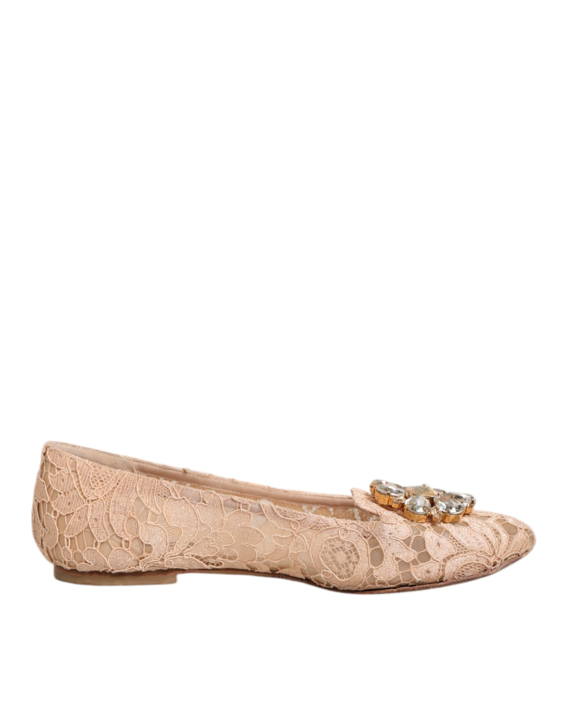 Dolce & Gabbana Beige Taormina Lace Crystals Flats Shoes | Regal Royce