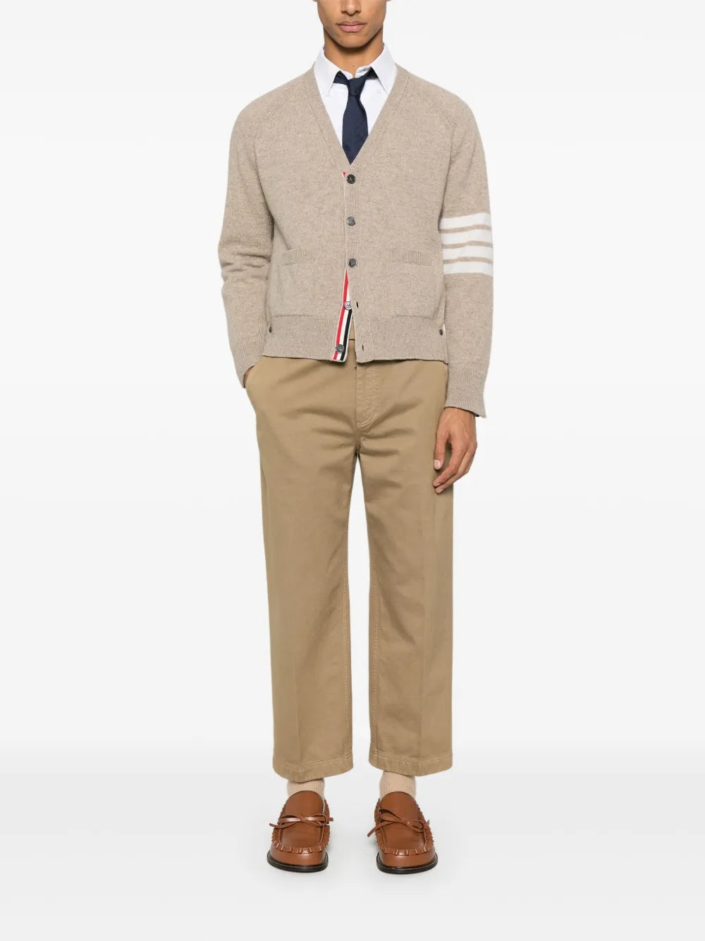 Thom Browne Shetland Wool 4-Bar Relaxed Fit V Neck Cardigan | Regal Royce