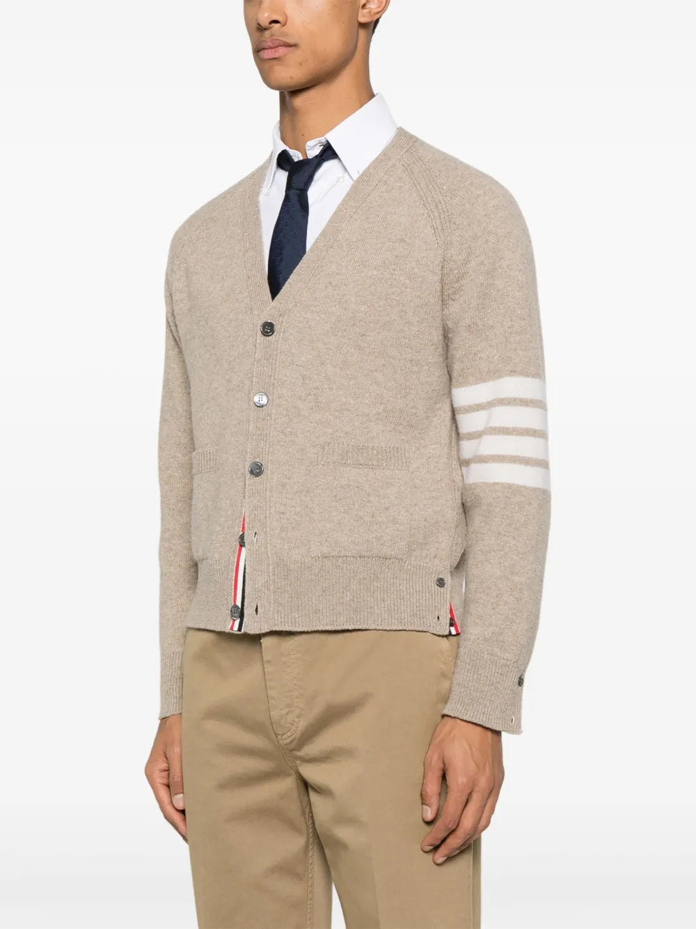 Thom Browne Shetland Wool 4-Bar Relaxed Fit V Neck Cardigan | Regal Royce