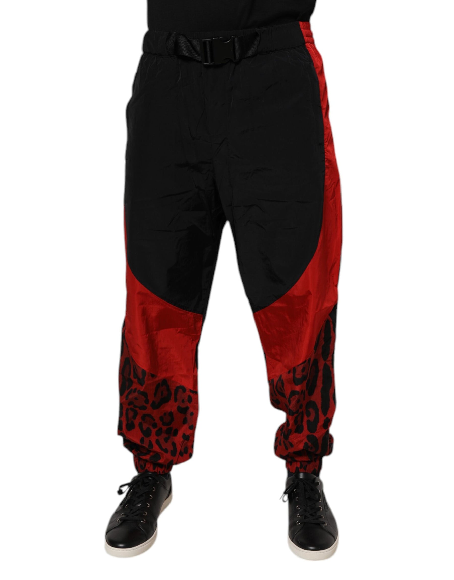 Dolce & Gabbana Black Red Leopard Print Nylon Jogger Pants | Regal Royce