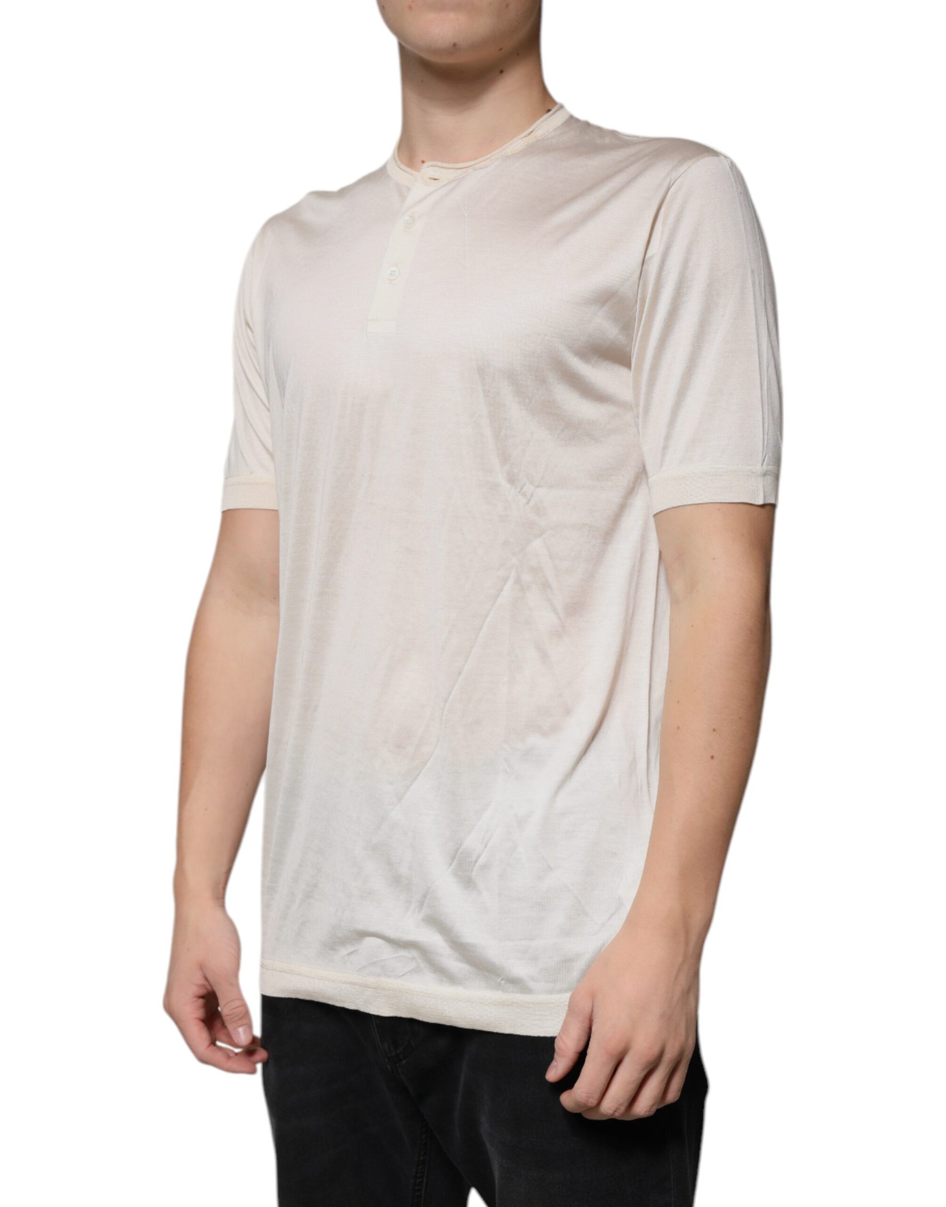 Dolce & Gabbana Off White Silk Henley Short Sleeves T-Shirt