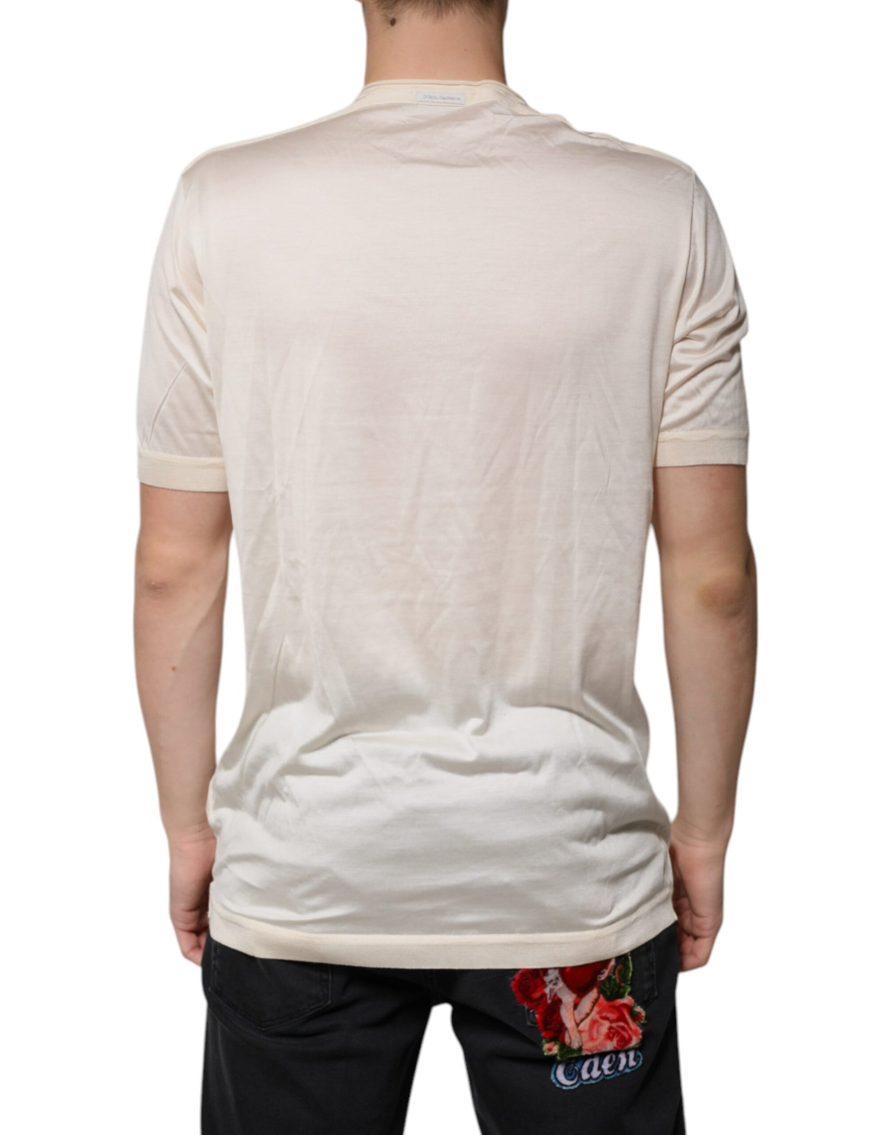 Dolce & Gabbana Off White Silk Henley Short Sleeves T-Shirt | Regal Royce