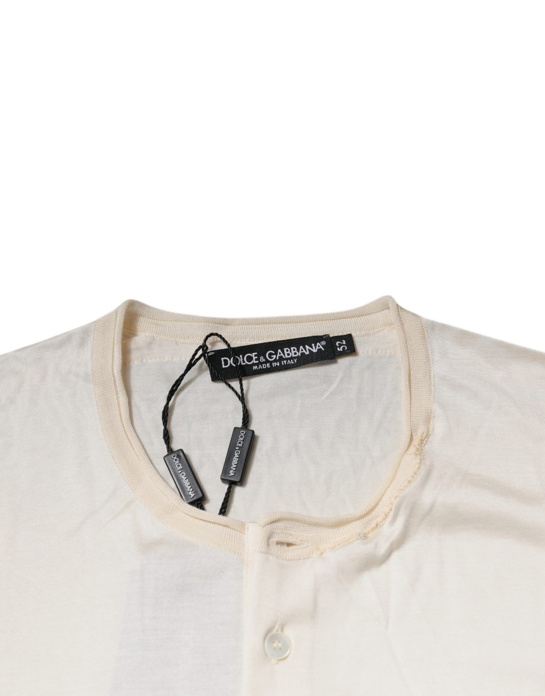 Dolce & Gabbana Off White Silk Henley Short Sleeves T-Shirt | Regal Royce