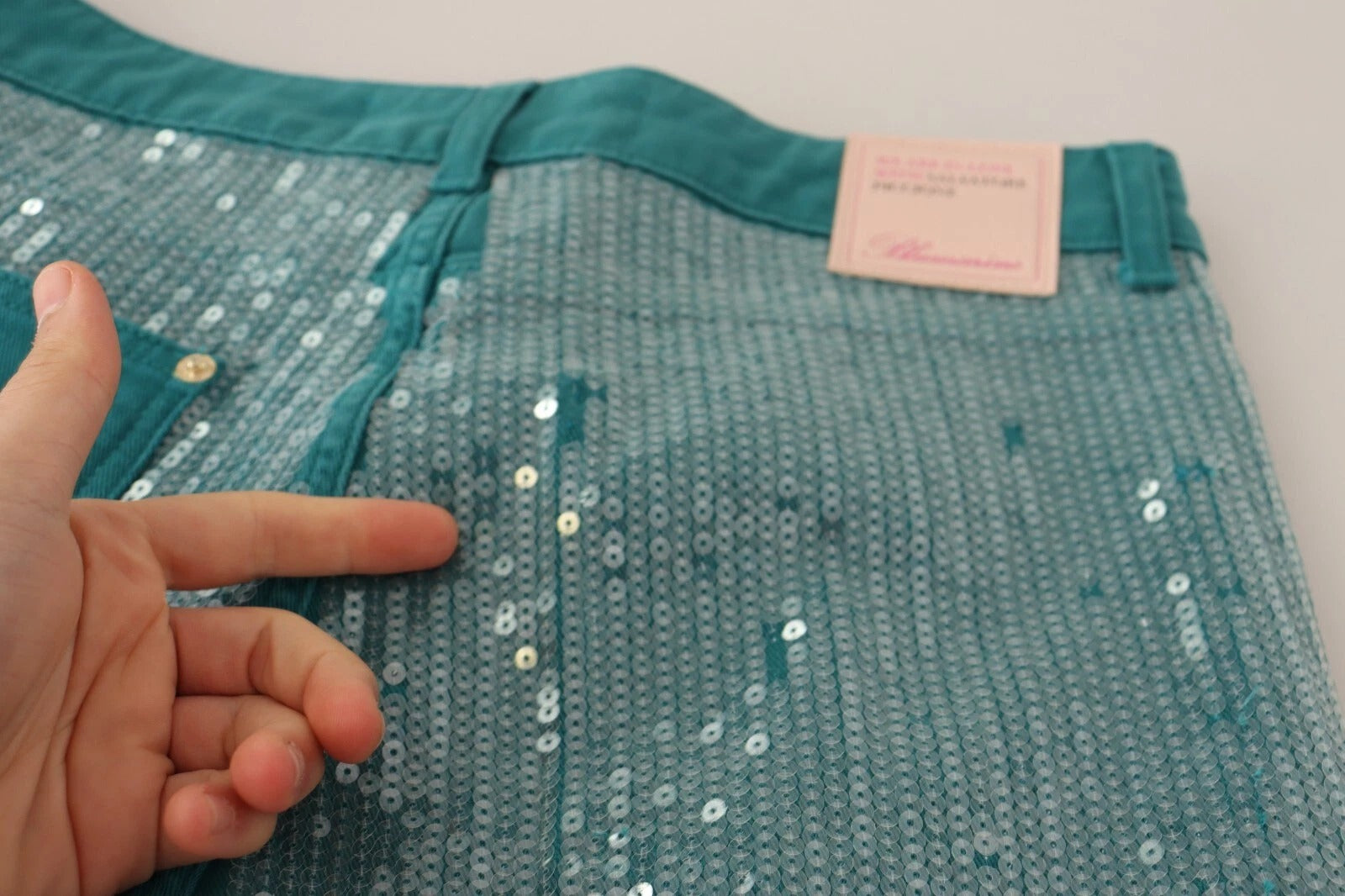 Blumarine Cadet Blue Sequined Low Waist Cropped Trouser Pants | Regal Royce