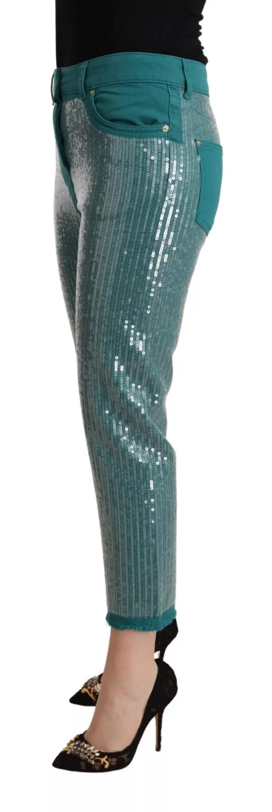 Blumarine Cadet Blue Sequined Low Waist Cropped Trouser Pants | Regal Royce