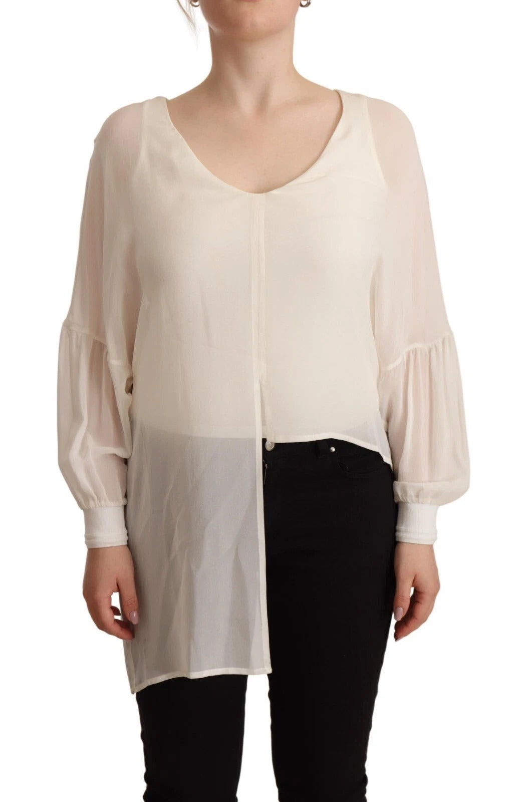 Patrizia Pepe Off White Silk Long Sleeves Deep Vneck Top | Regal Royce