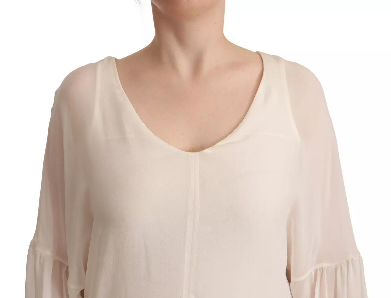 Patrizia Pepe Off White Silk Long Sleeves Deep Vneck Top | Regal Royce