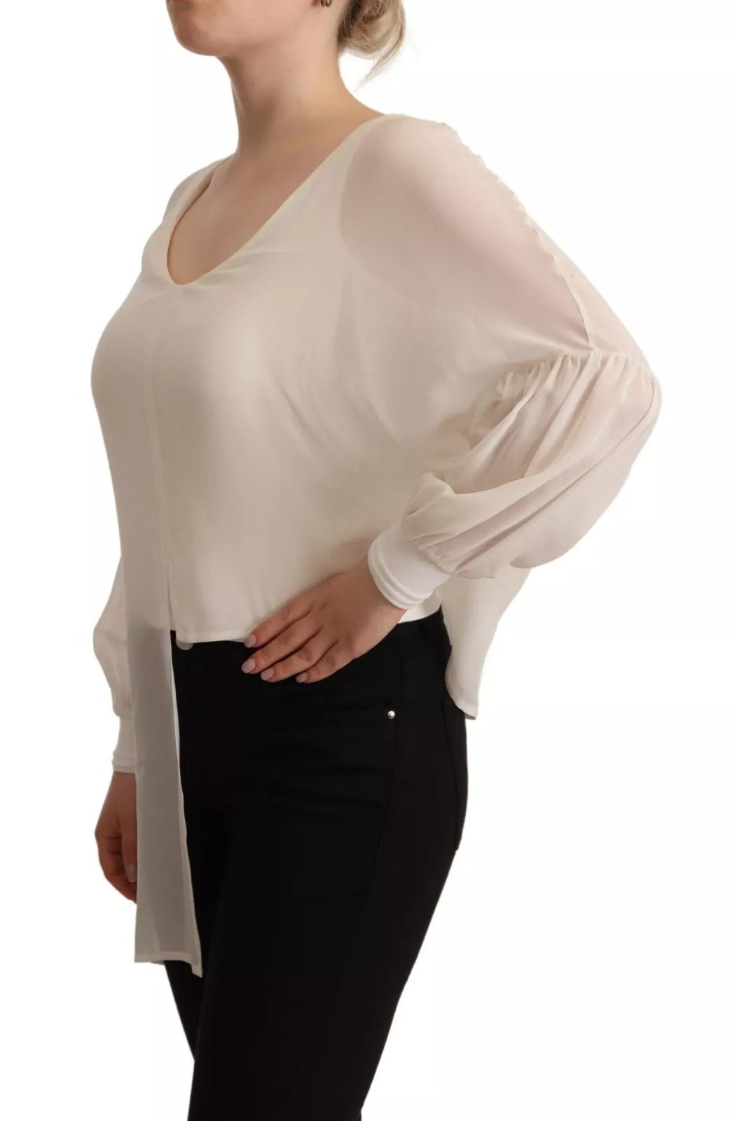 Patrizia Pepe Off White Silk Long Sleeves Deep Vneck Top | Regal Royce