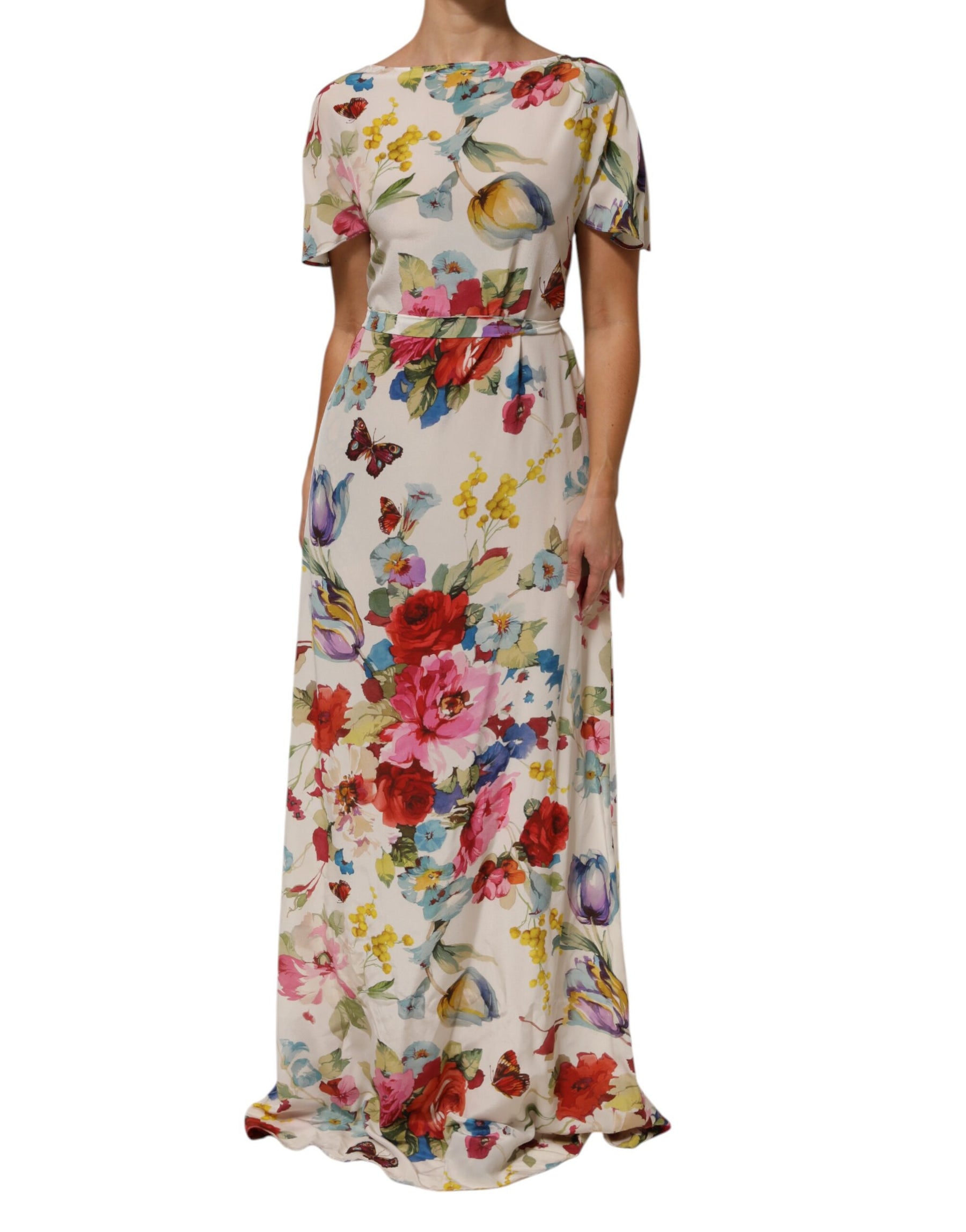 Dolce & Gabbana White Floral Print Silk Sheath LongGown Dress | Regal Royce