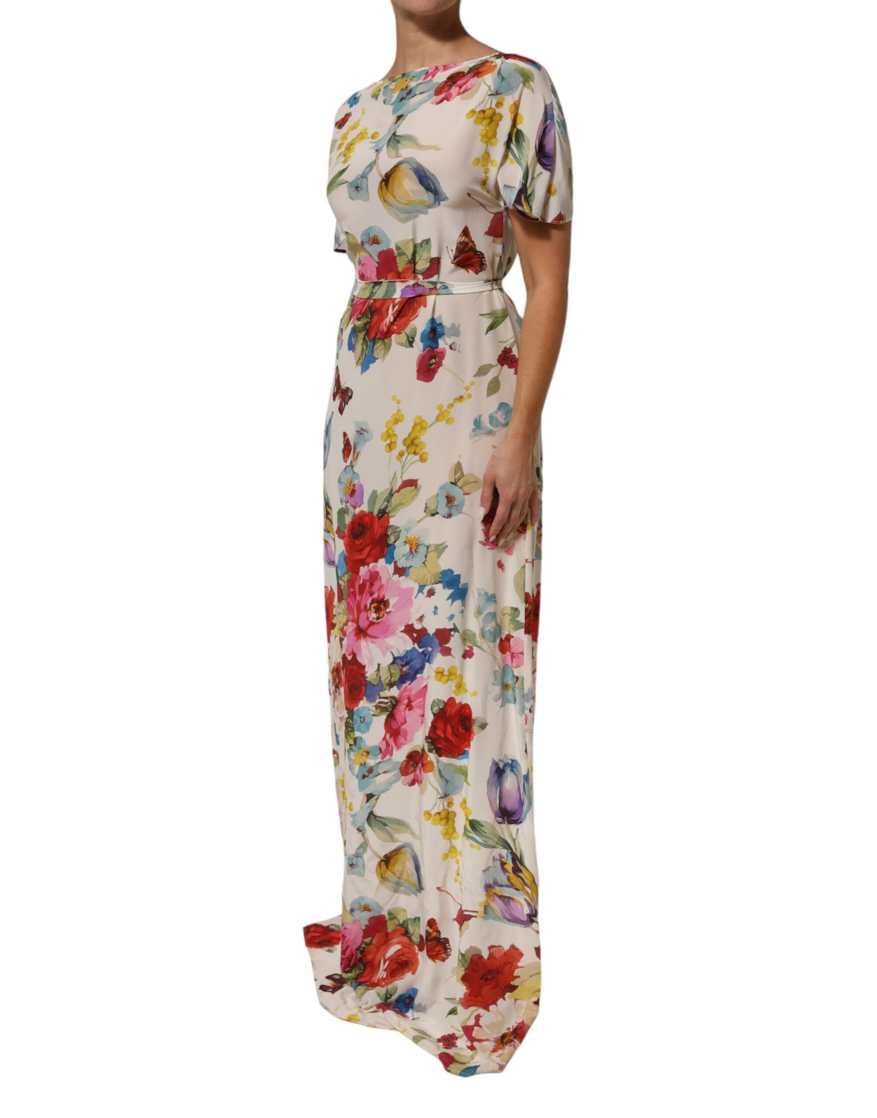Dolce & Gabbana White Floral Print Silk Sheath LongGown Dress | Regal Royce