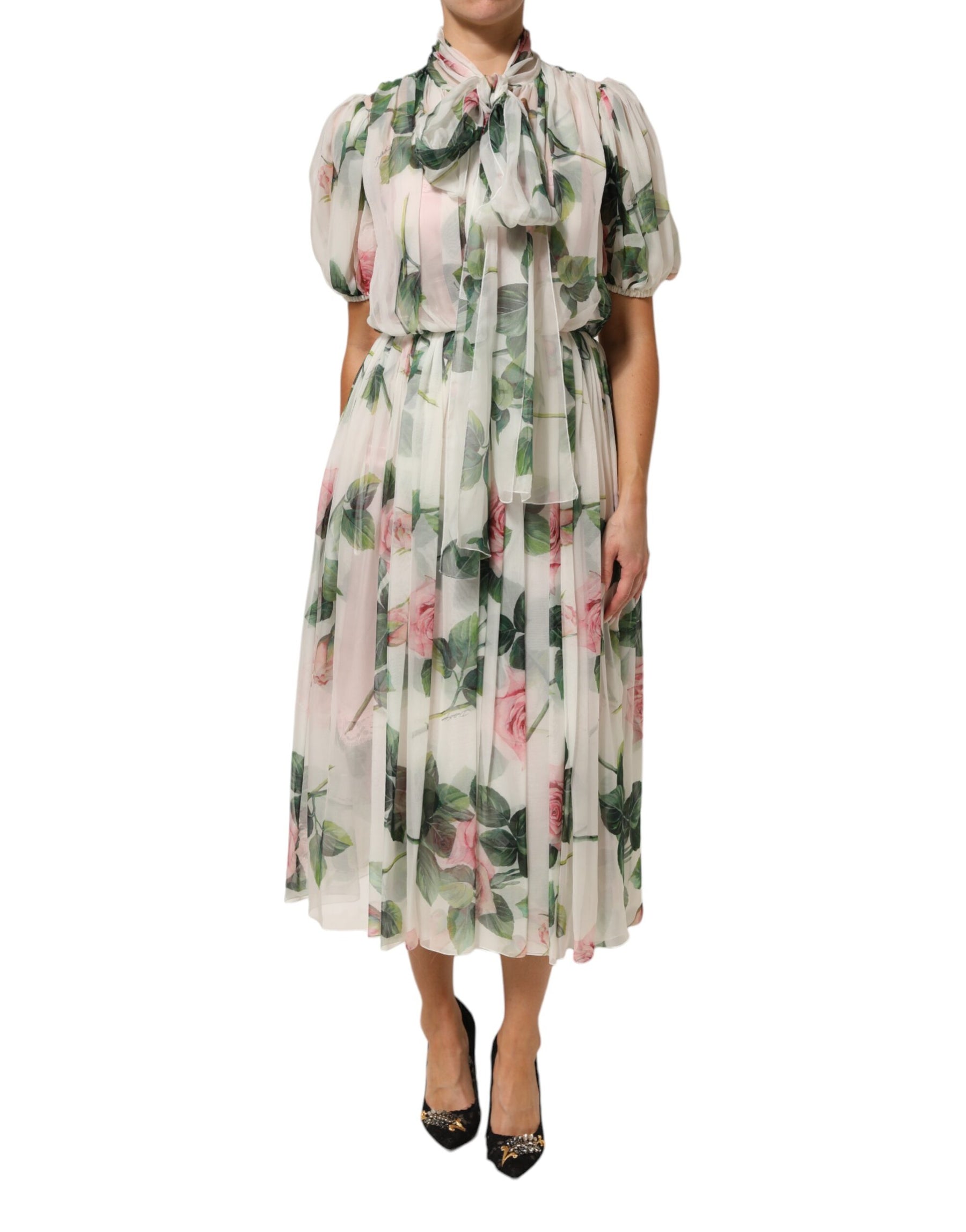 Dolce & Gabbana White Floral Print Silk Pleated Midi Dress | Regal Royce