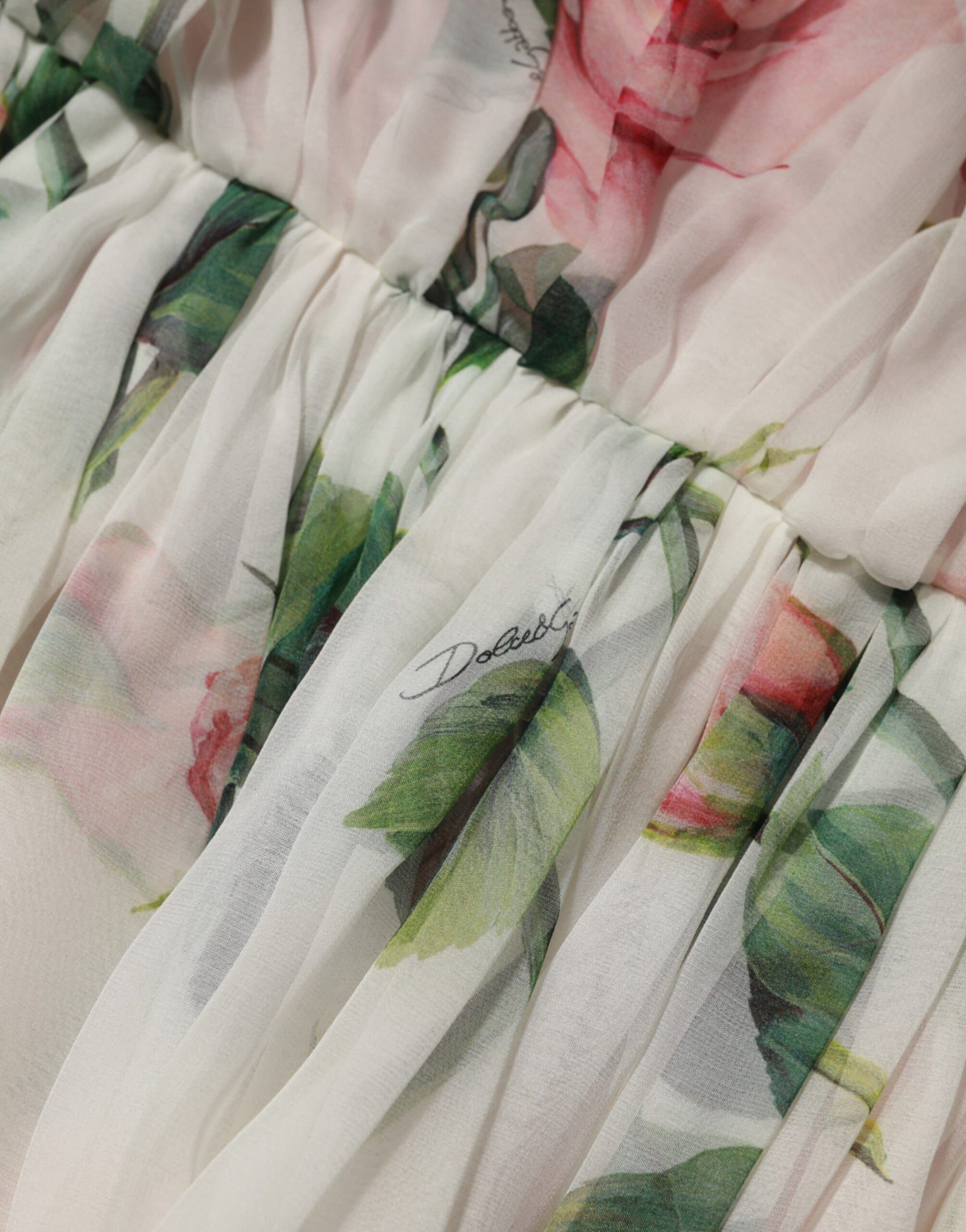 Dolce & Gabbana White Floral Print Silk Pleated Midi Dress | Regal Royce