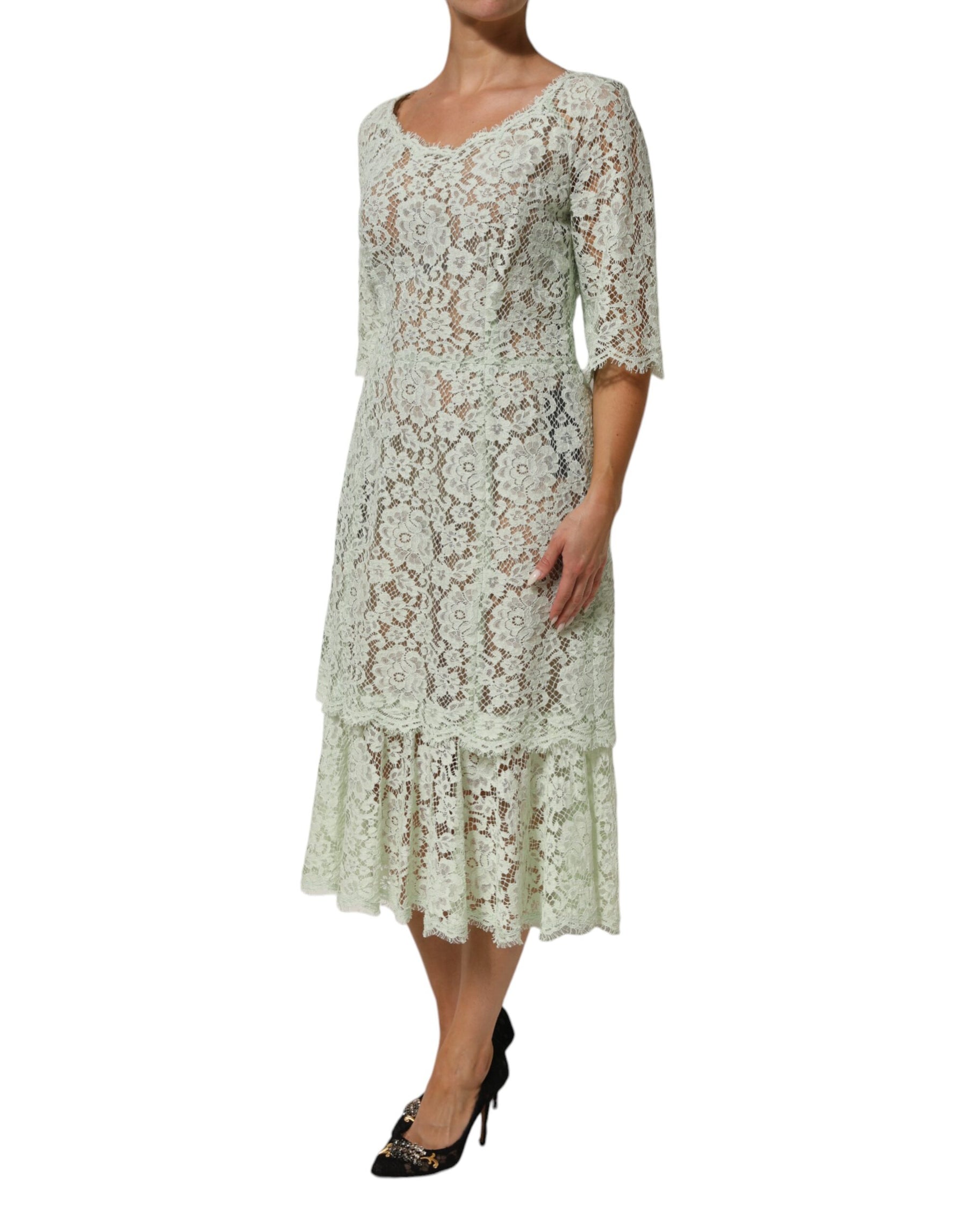 Dolce & Gabbana Mint Green Floral Lace Trim Midi Dress | Regal Royce
