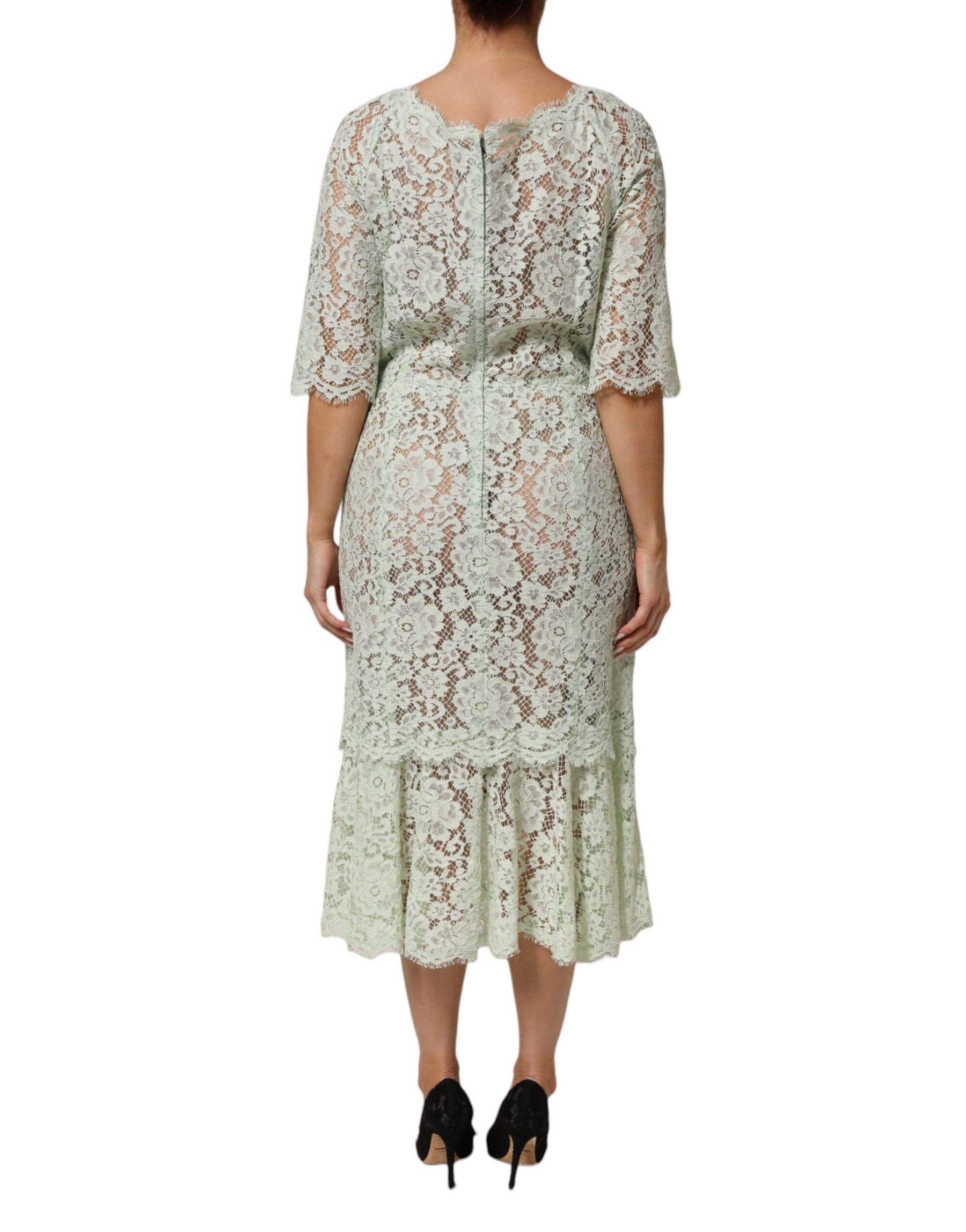 Dolce & Gabbana Mint Green Floral Lace Trim Midi Dress | Regal Royce