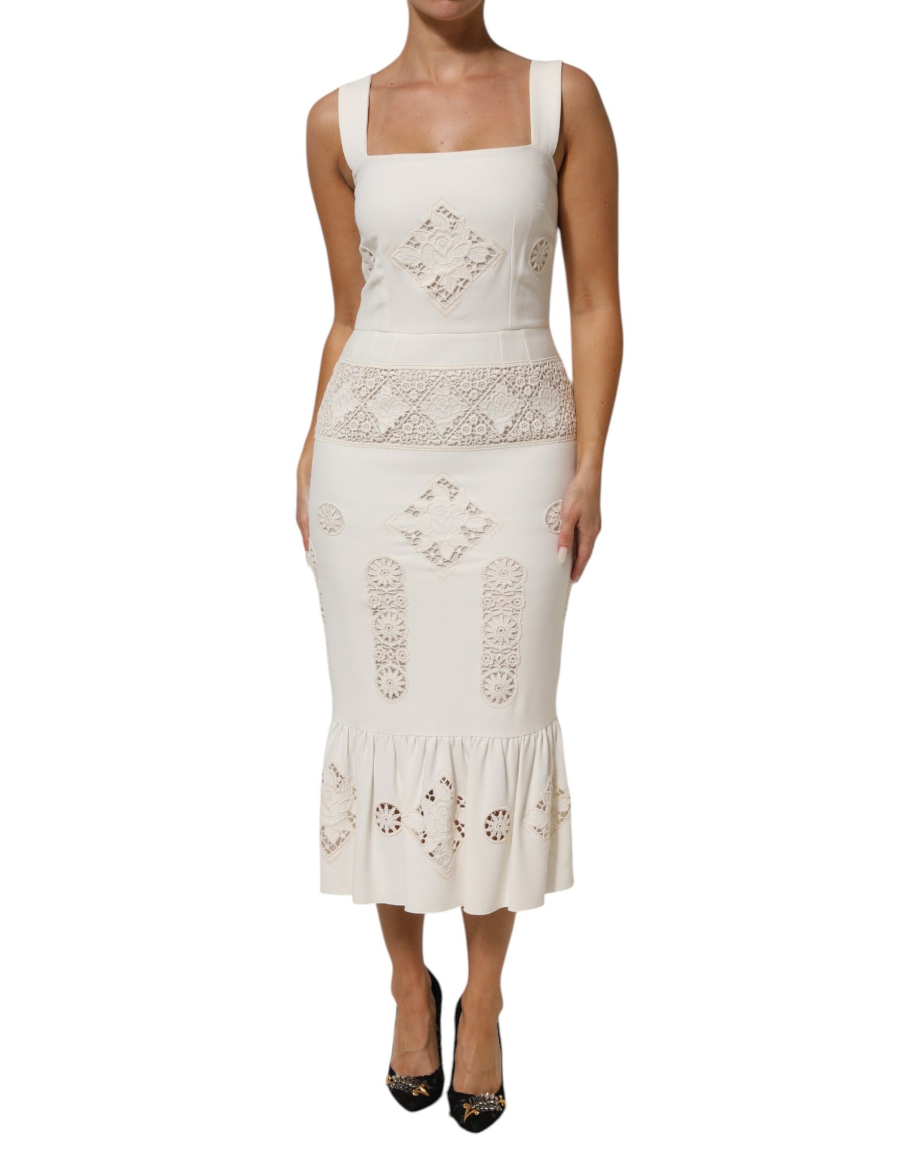 Dolce & Gabbana White Floral Lace Sleeveless Midi Dress | Regal Royce