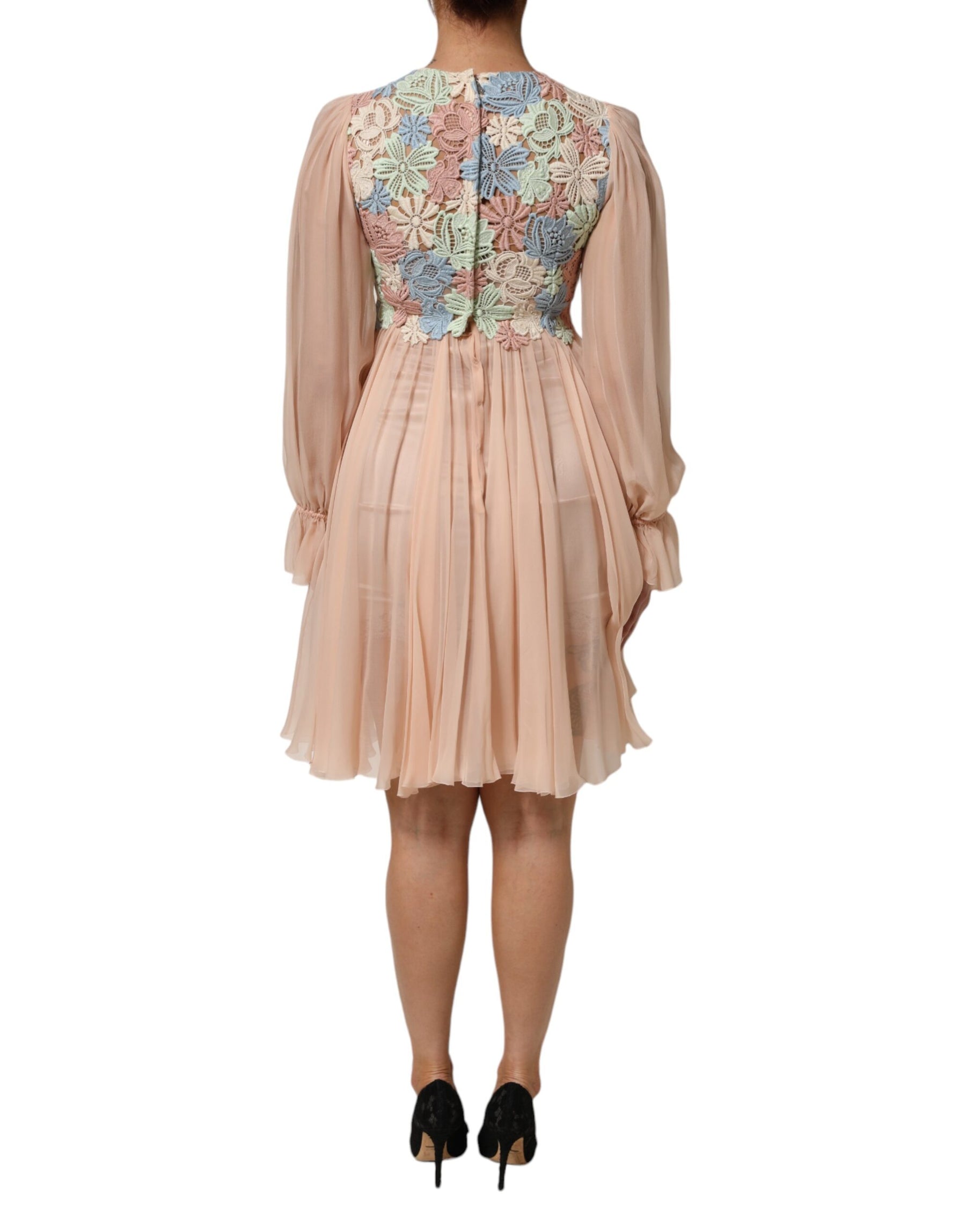 Dolce & Gabbana Pink Floral Embroidery Pleated A-line Dress | Regal Royce