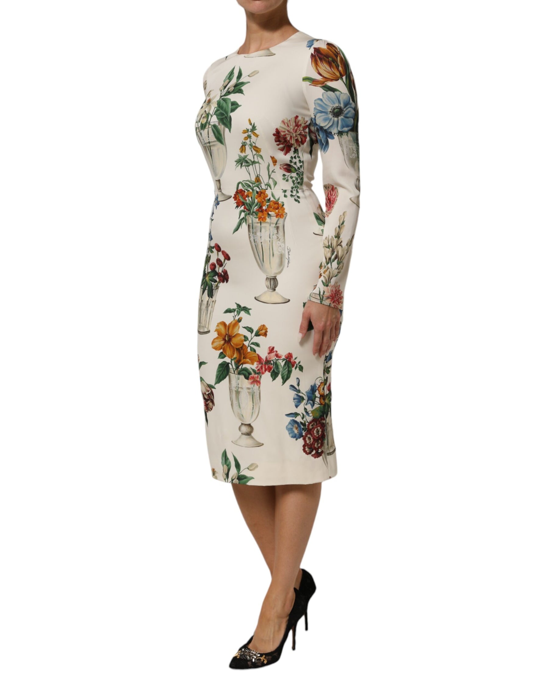 Dolce & Gabbana White Flower Vase Silk Sheath Midi Dress | Regal Royce