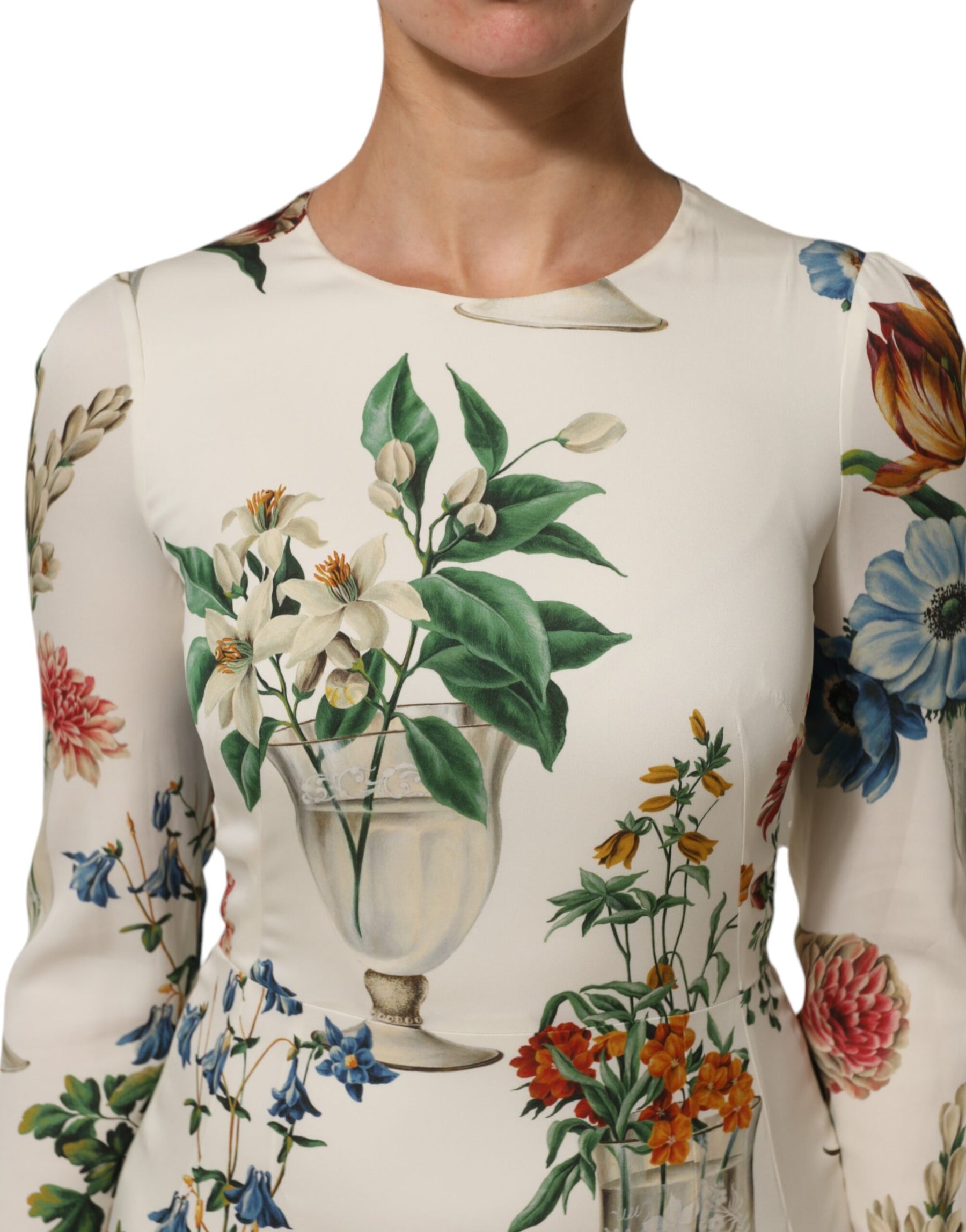 Dolce & Gabbana White Flower Vase Silk Sheath Midi Dress | Regal Royce
