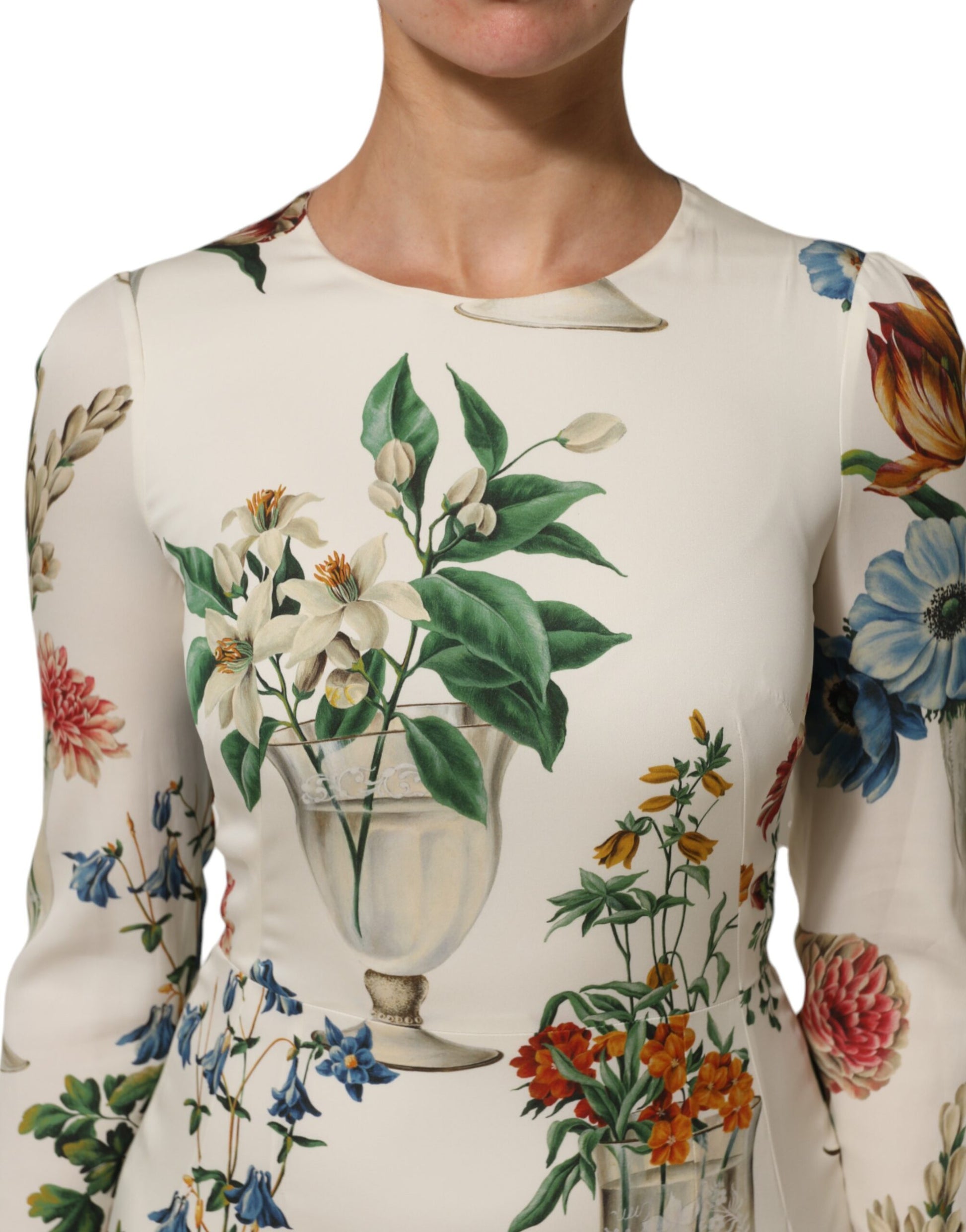 Dolce & Gabbana White Flower Vase Silk Sheath Midi Dress