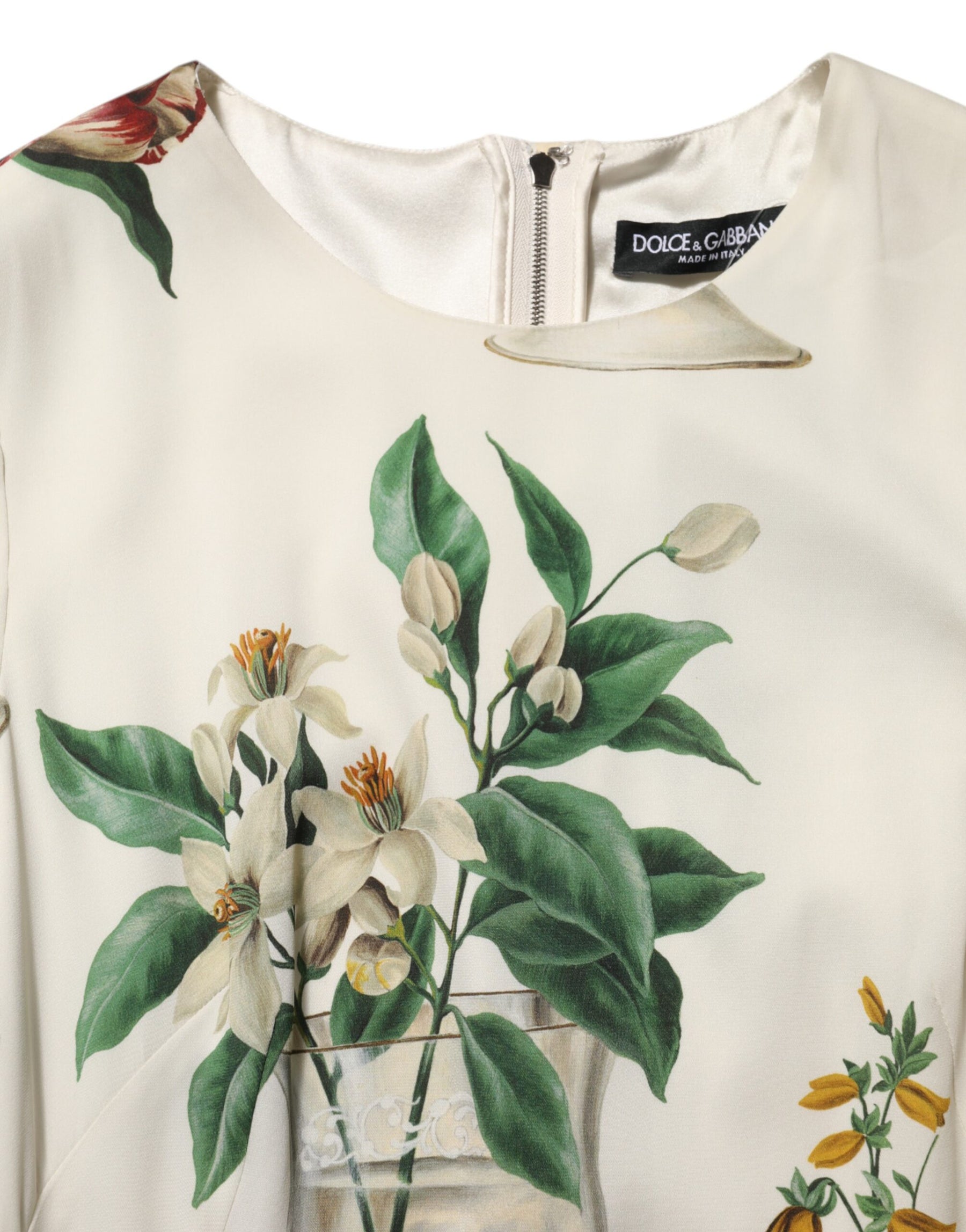 Dolce & Gabbana White Flower Vase Silk Sheath Midi Dress | Regal Royce