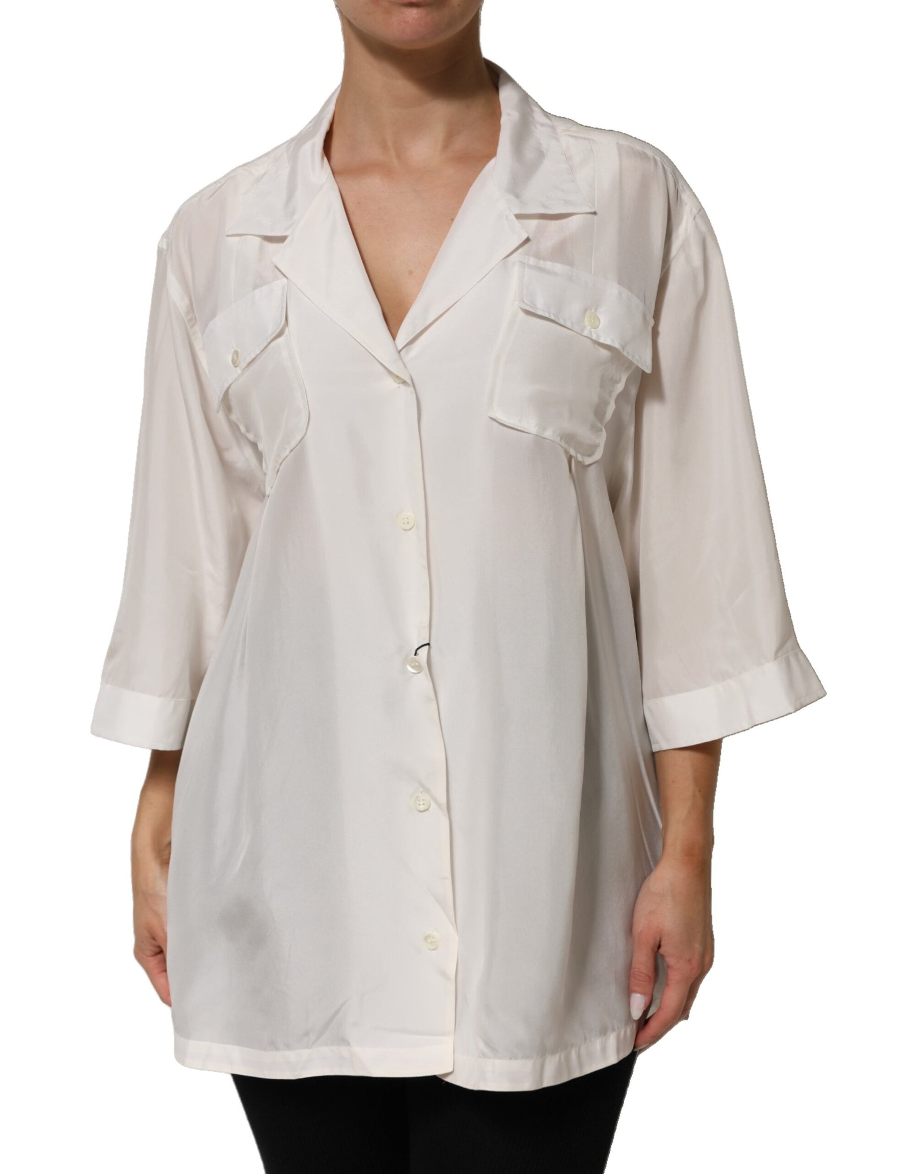 Dolce & Gabbana Off White Silk Button Down Polo Shirt Top | Regal Royce