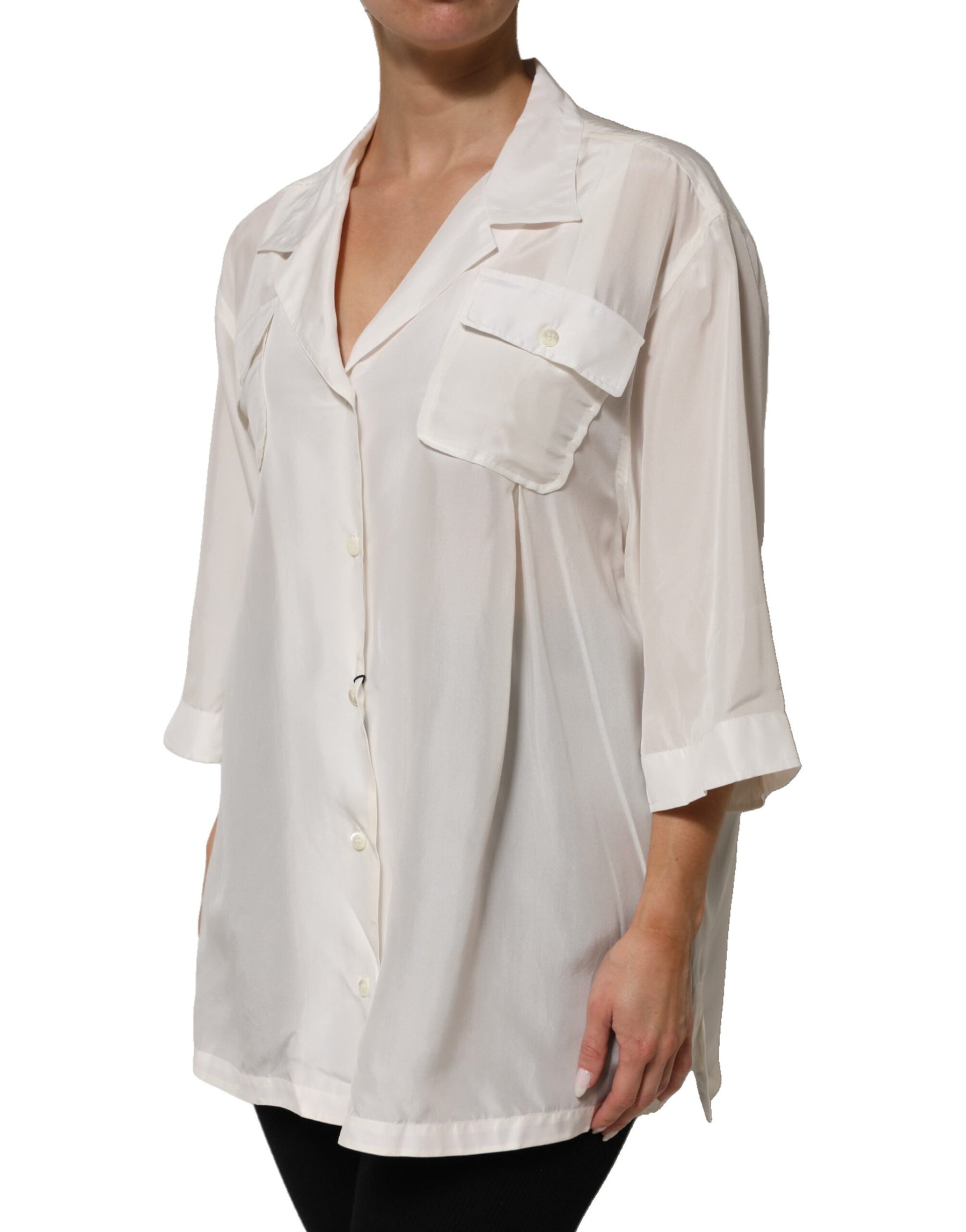 Dolce & Gabbana Off White Silk Button Down Polo Shirt Top | Regal Royce