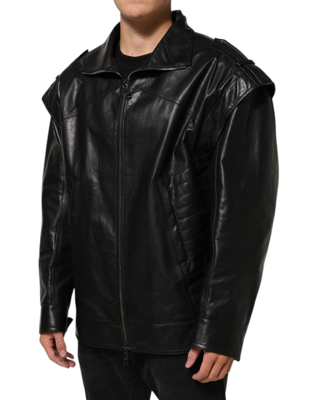 Dolce & Gabbana Black Leather Full Zip Biker Blouson Jacket