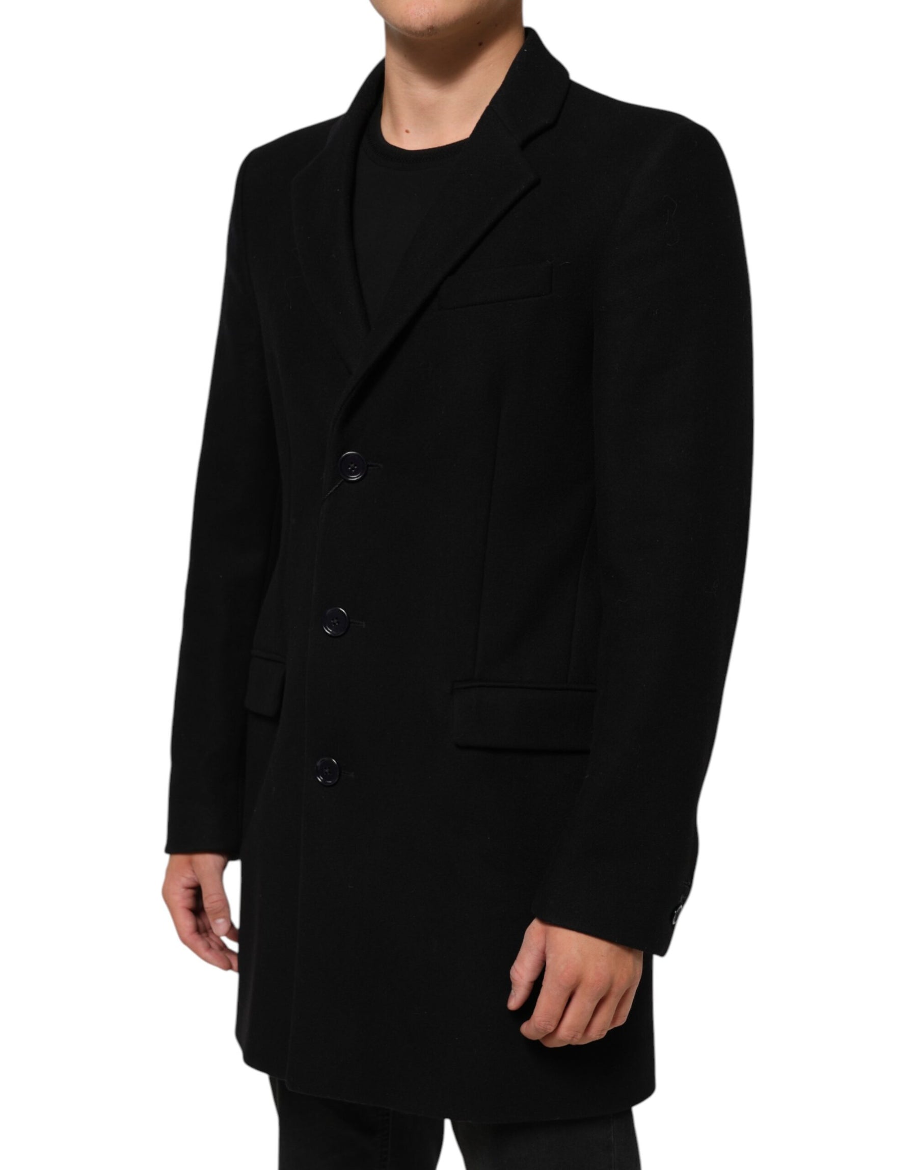 Dolce & Gabbana Black Wool Buttoned Men Trench Coat Jacket | Regal Royce