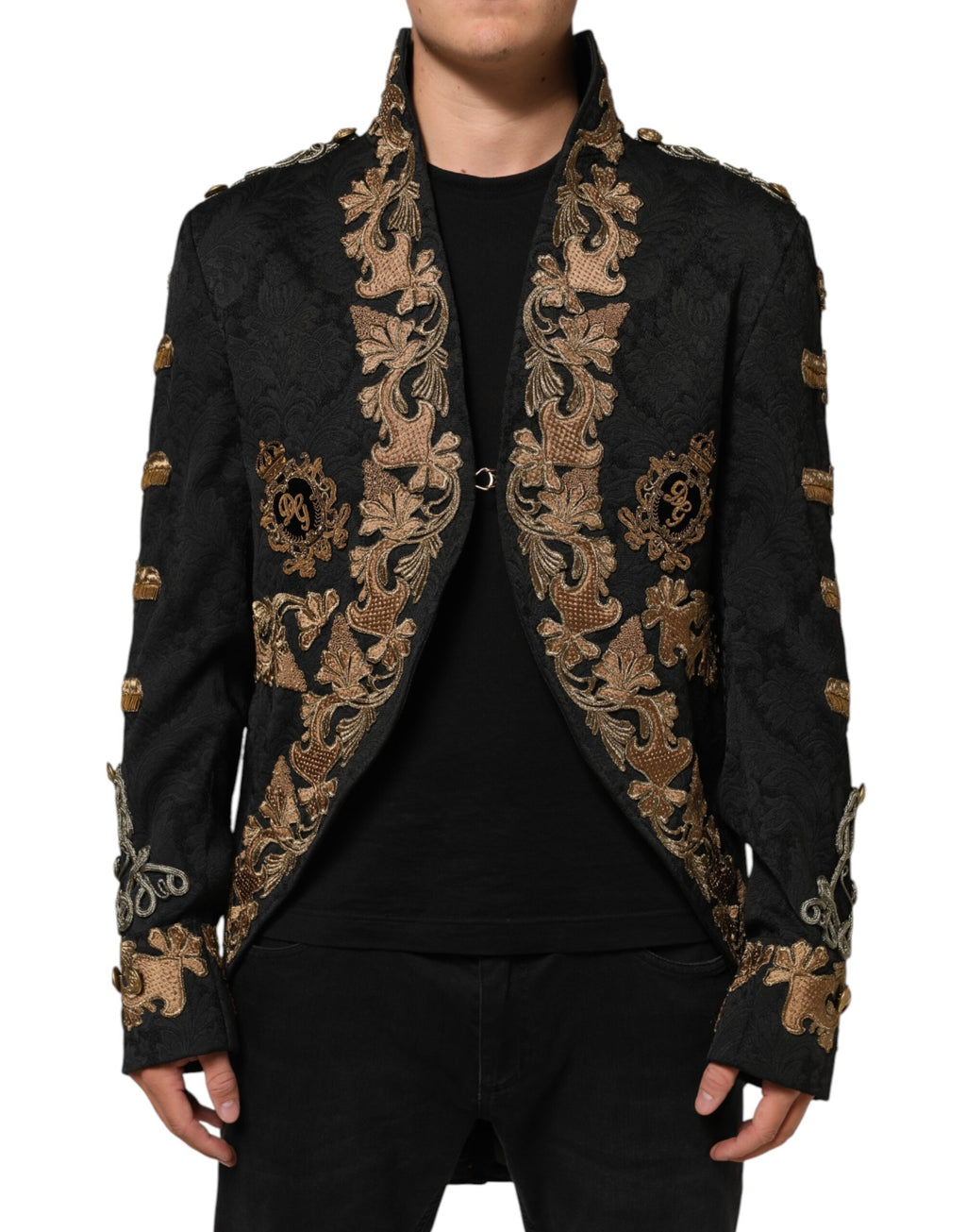 Dolce & Gabbana Black Brocade Embroidery Men Coat Jacket