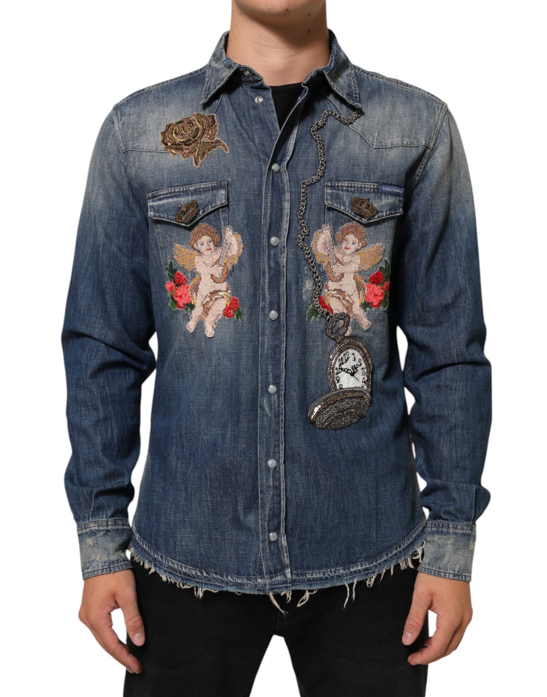 Dolce & Gabbana Blue Angel Patch Denim Buttoned Down Men Shirt | Regal Royce