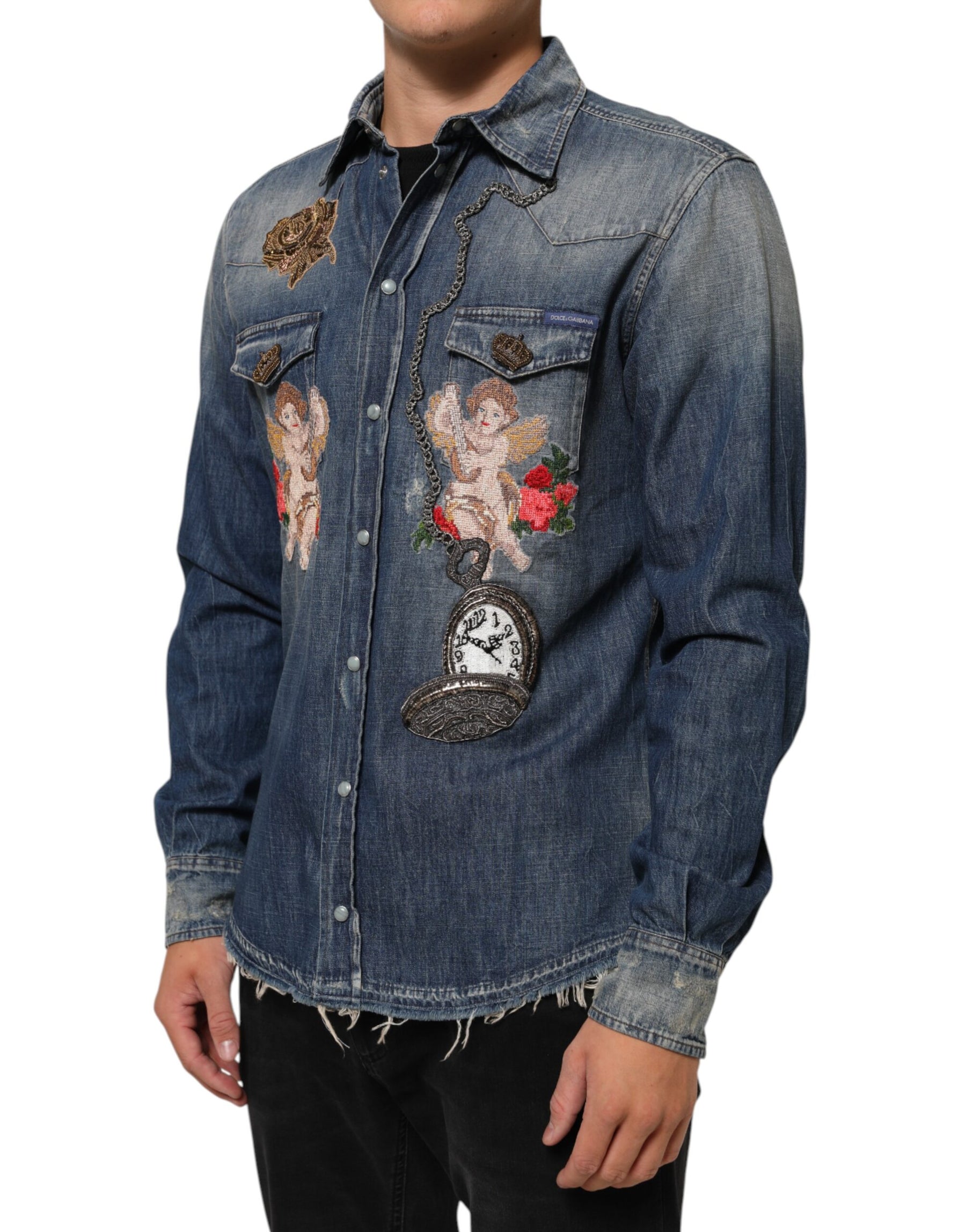 Dolce & Gabbana Blue Angel Patch Denim Buttoned Down Men Shirt | Regal Royce