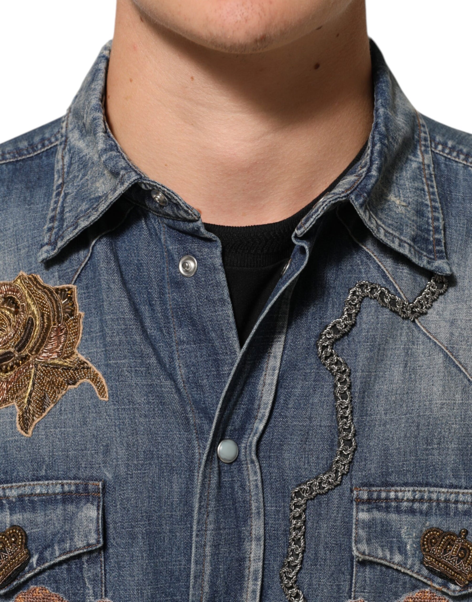 Dolce & Gabbana Blue Angel Patch Denim Buttoned Down Men Shirt | Regal Royce