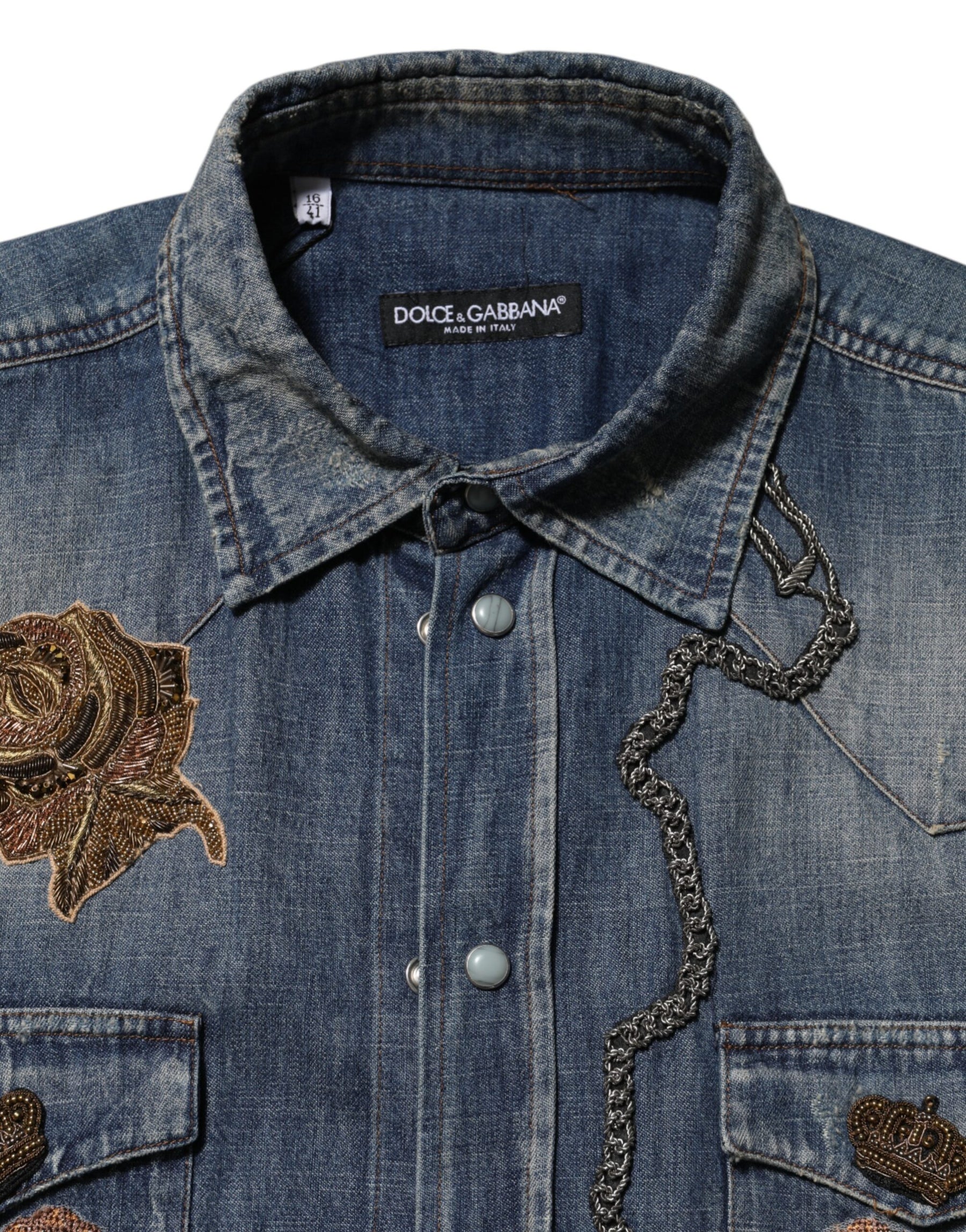 Dolce & Gabbana Blue Angel Patch Denim Buttoned Down Men Shirt | Regal Royce
