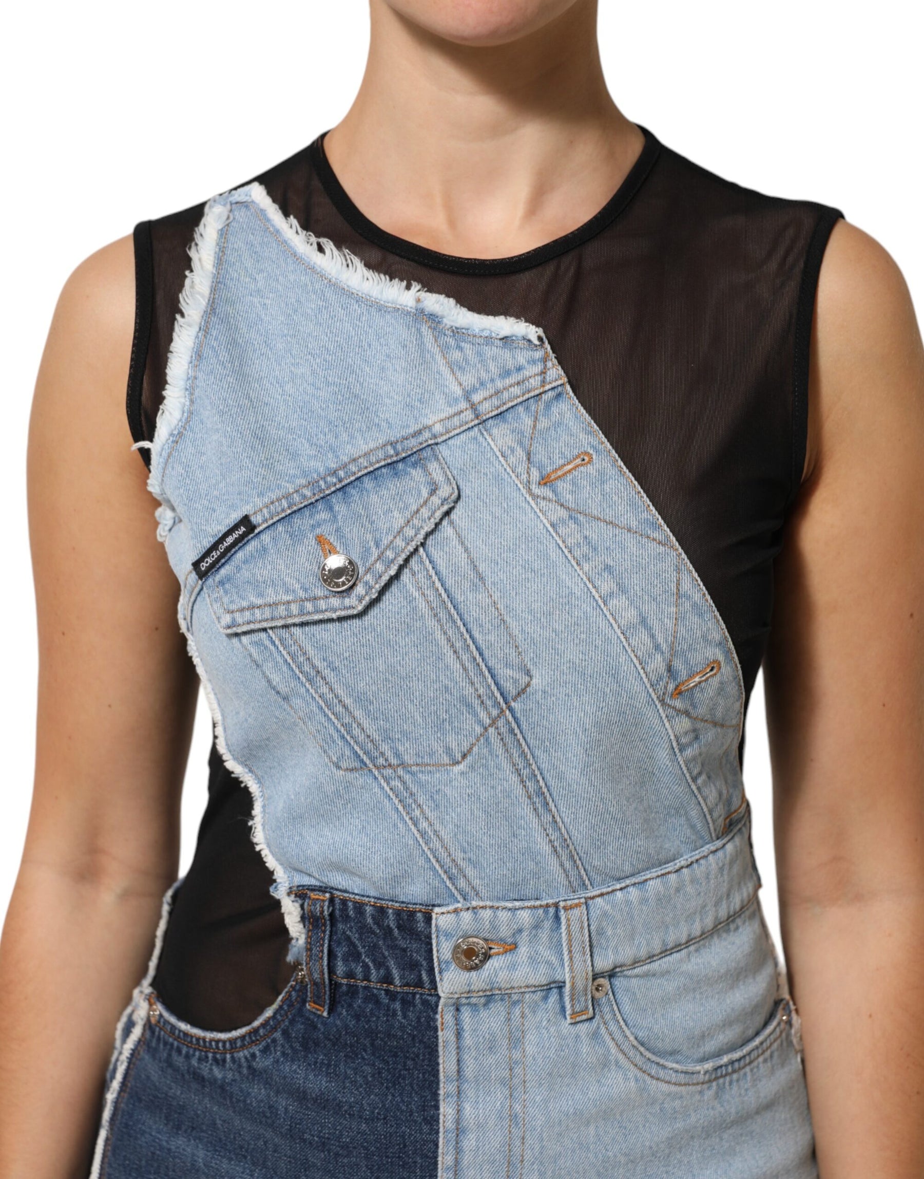 Dolce & Gabbana Blue Nylon Patchwork Denim Sheath Mini Dress | Regal Royce